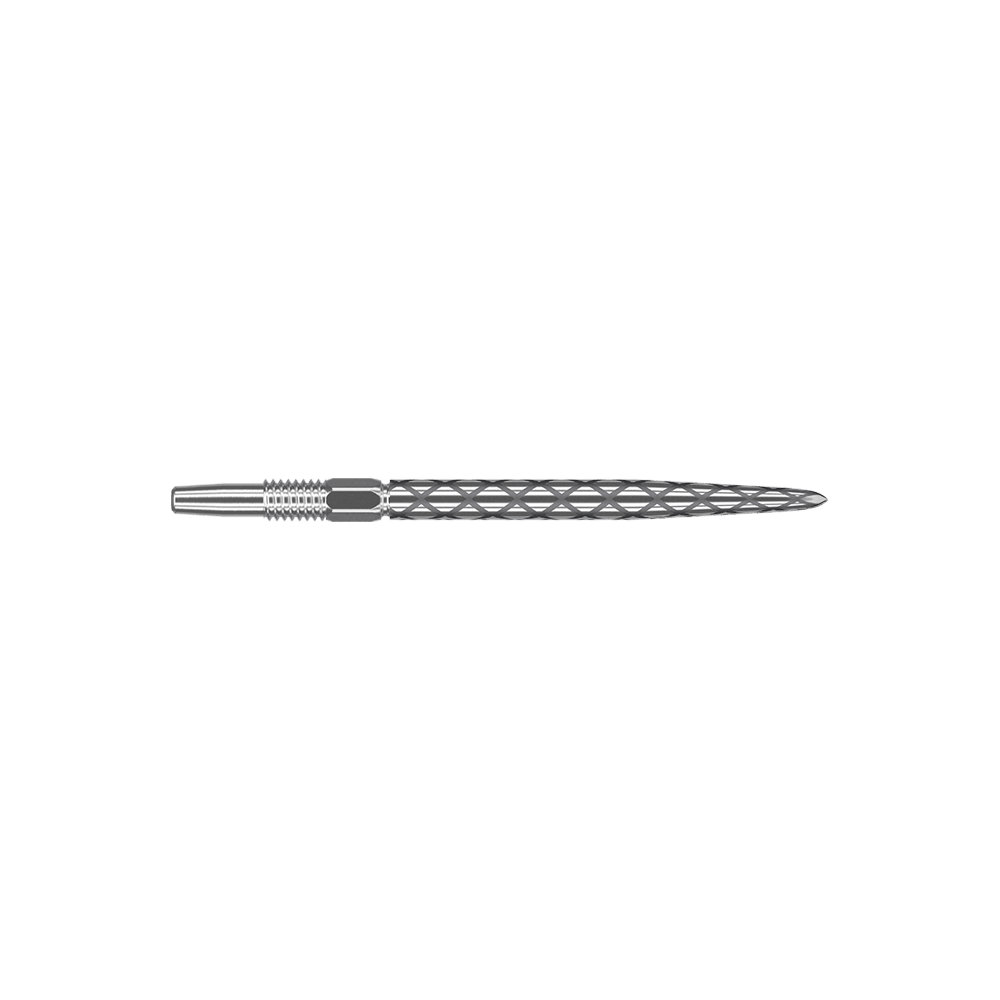 Target Swiss Diamond Pro Silver Points dart tips Das Bild zeigt eine silberne Dartspitze mit einem rautenförmigen Muster. Sie ist lang und schmal gefertigt und hat eine glatte, glänzende Oberfläche.