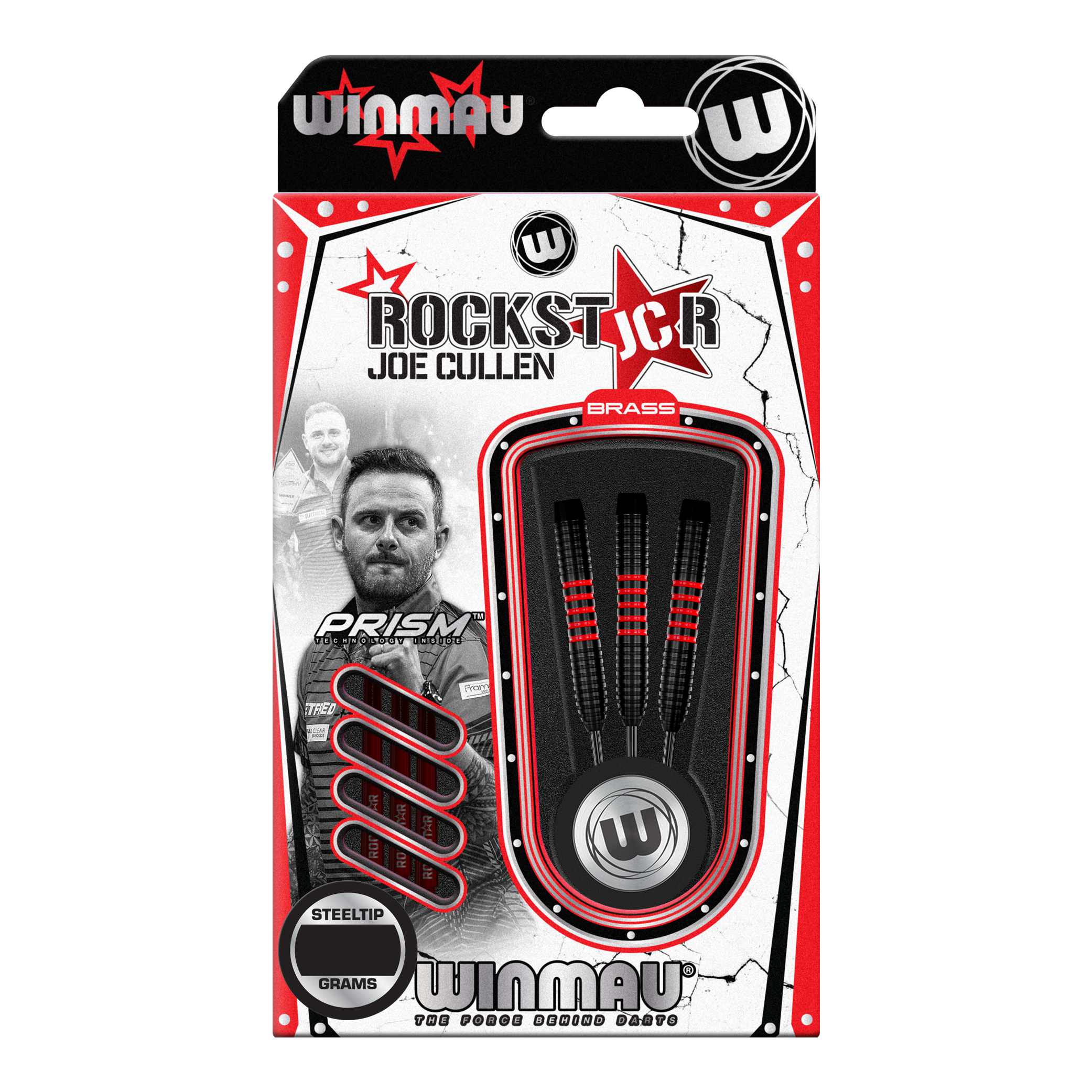 Winmau Joe Cullen Brass Steeldarts - 20g Das Bild zeigt die Verpackung der "Winmau Joe Cullen Brass Steeldarts - 20g". In der Verpackung sind drei schwarze Steeldarts mit roten Akzenten zu sehen.