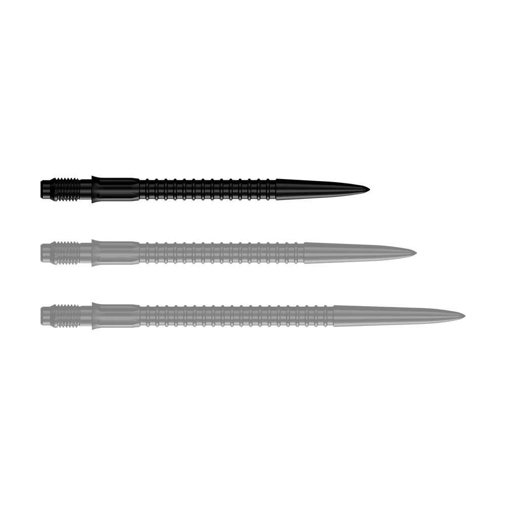 Mission R2.5 Rapid Point GV1 Dart Tips - Black Auf dem Bild sind schwarze Dartspitzen dargestellt. Diese Dartspitzen sind 30 mm lang.