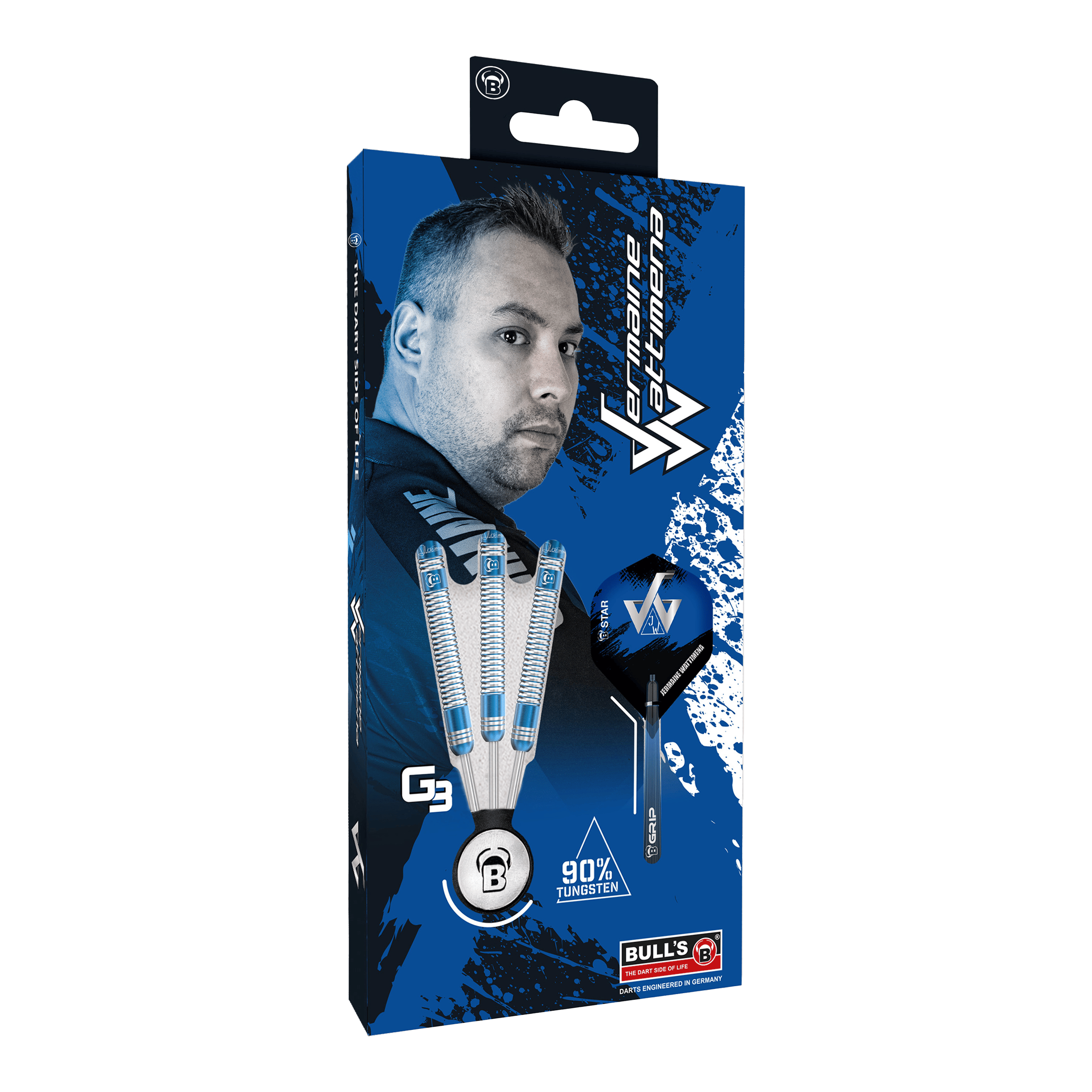 Die Verpackung zeigt die Bulls Jermaine Wattimena Generation 3 Steeldarts mit 90% Tungsten. Auf der Vorderseite ist ein Bild von Jermaine Wattimena und die drei Darts abgebildet.