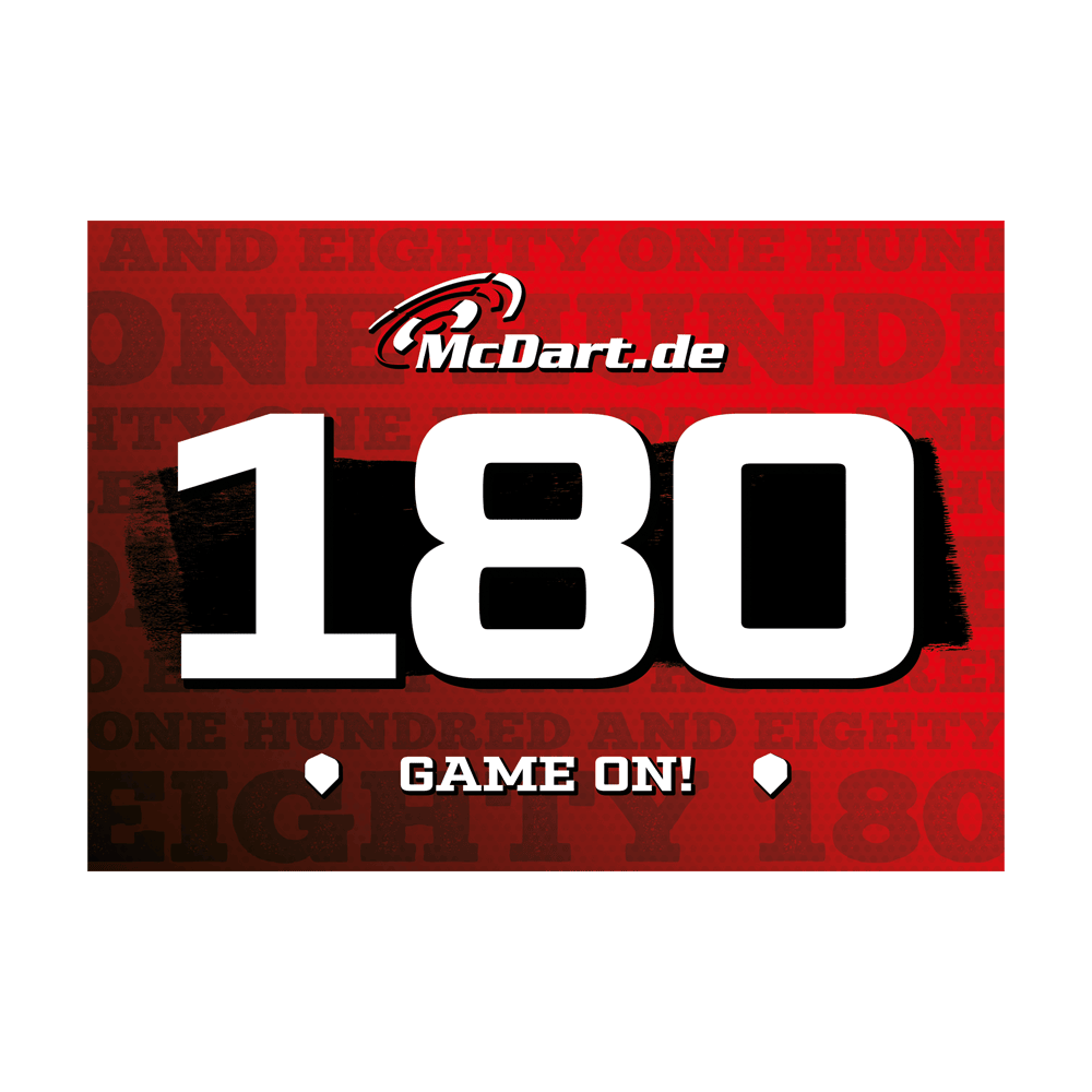 698_McDart_180er_Schilder_10_Stk_2 Das Bild zeigt ein rotes Schild mit der großen, weißen Zahl "180" in der Mitte. Oben steht "McDart.de" und unten der Schriftzug "GAME ON!".