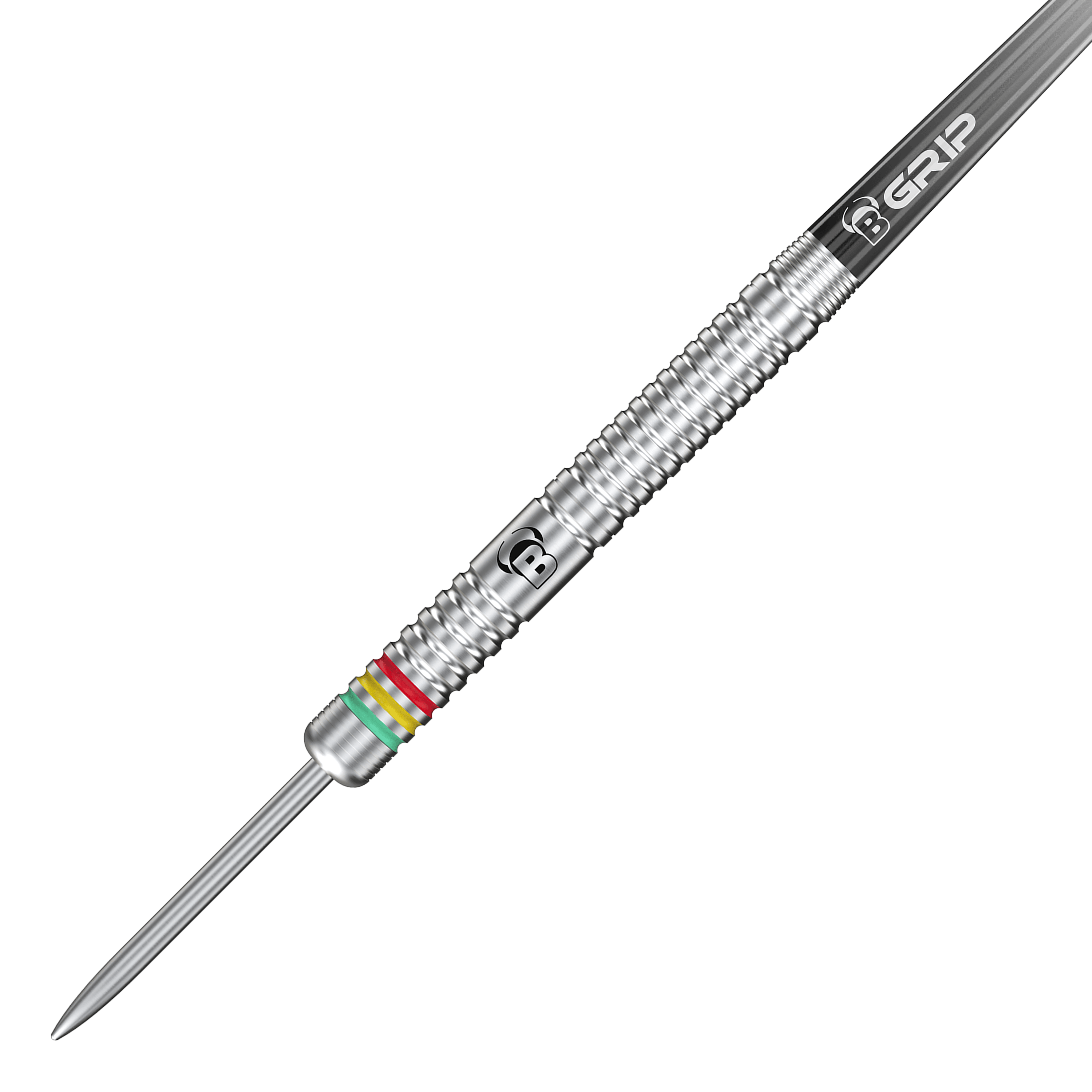 Das Bild zeigt einen silbernen Steeldart mit Rillen und bunten Ringen nahe der Spitze. Auf dem Dart steht "B GRIP" und es handelt sich um das Modell "Bulls Martijn Dragt Steeldarts - 24g".