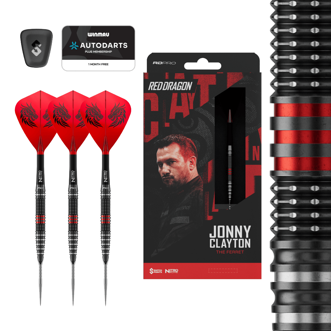 Red Dragon Jonny Clayton RD-PRO Switch Point Steel Darts Dieses Bild zeigt die Red Dragon Jonny Clayton RD-PRO Switch Point Steeldarts. Die Darts liegen auf einem hellen Hintergrund.