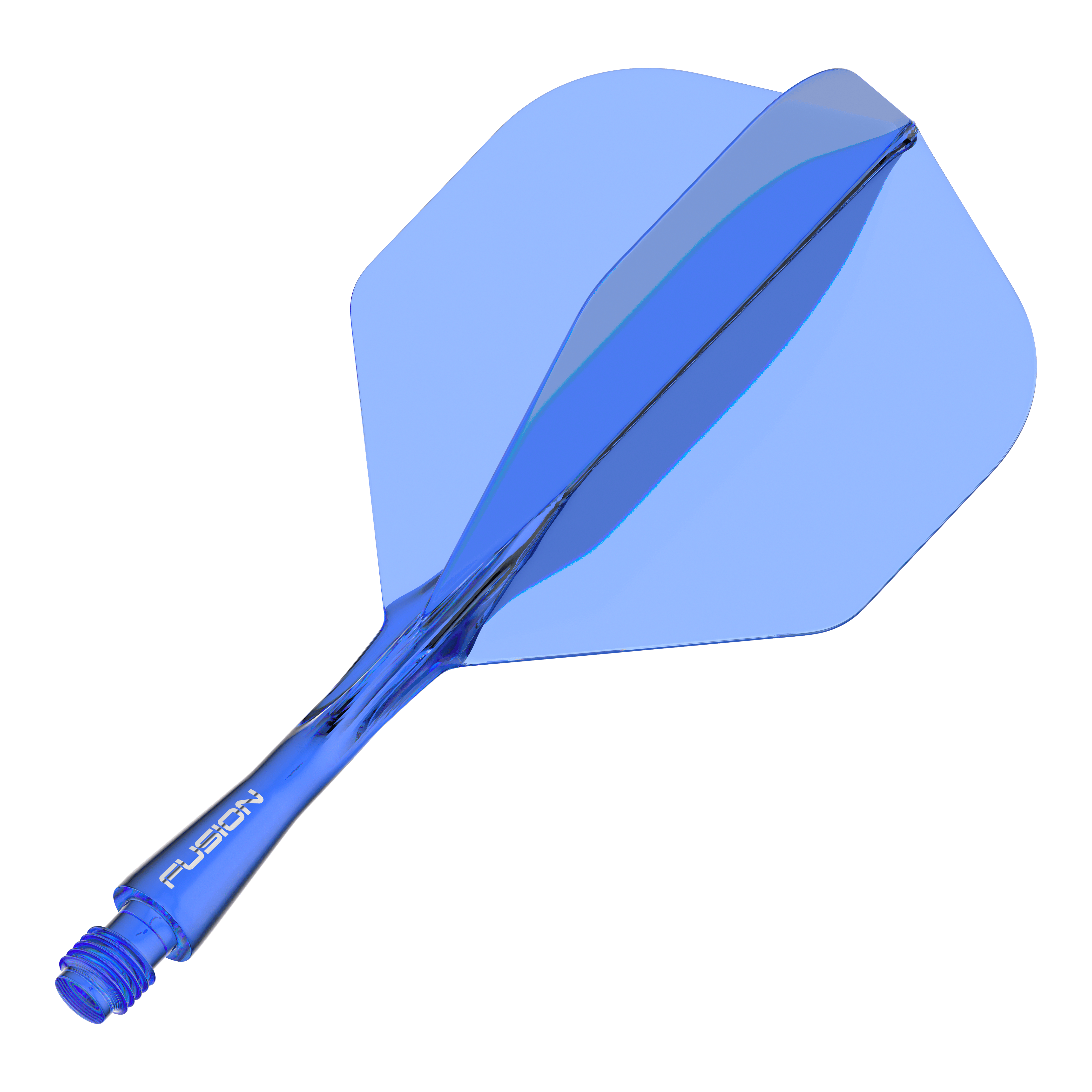 Winmau Fusion Flight Shaft System Standard Blue Das Bild zeigt ein blaues Dart-Flightsystem mit integriertem Schaft. Auf dem Schaft steht das Wort "FUSION".