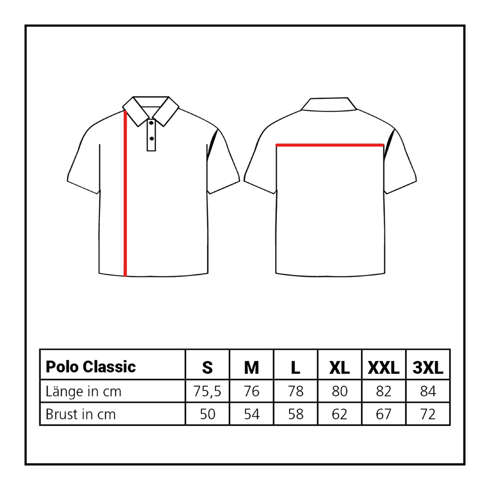 Das Bild zeigt das Löwen Kollektion Polo Classic. Dargestellt wird eine Übersicht oder Tabelle des Poloshirts.