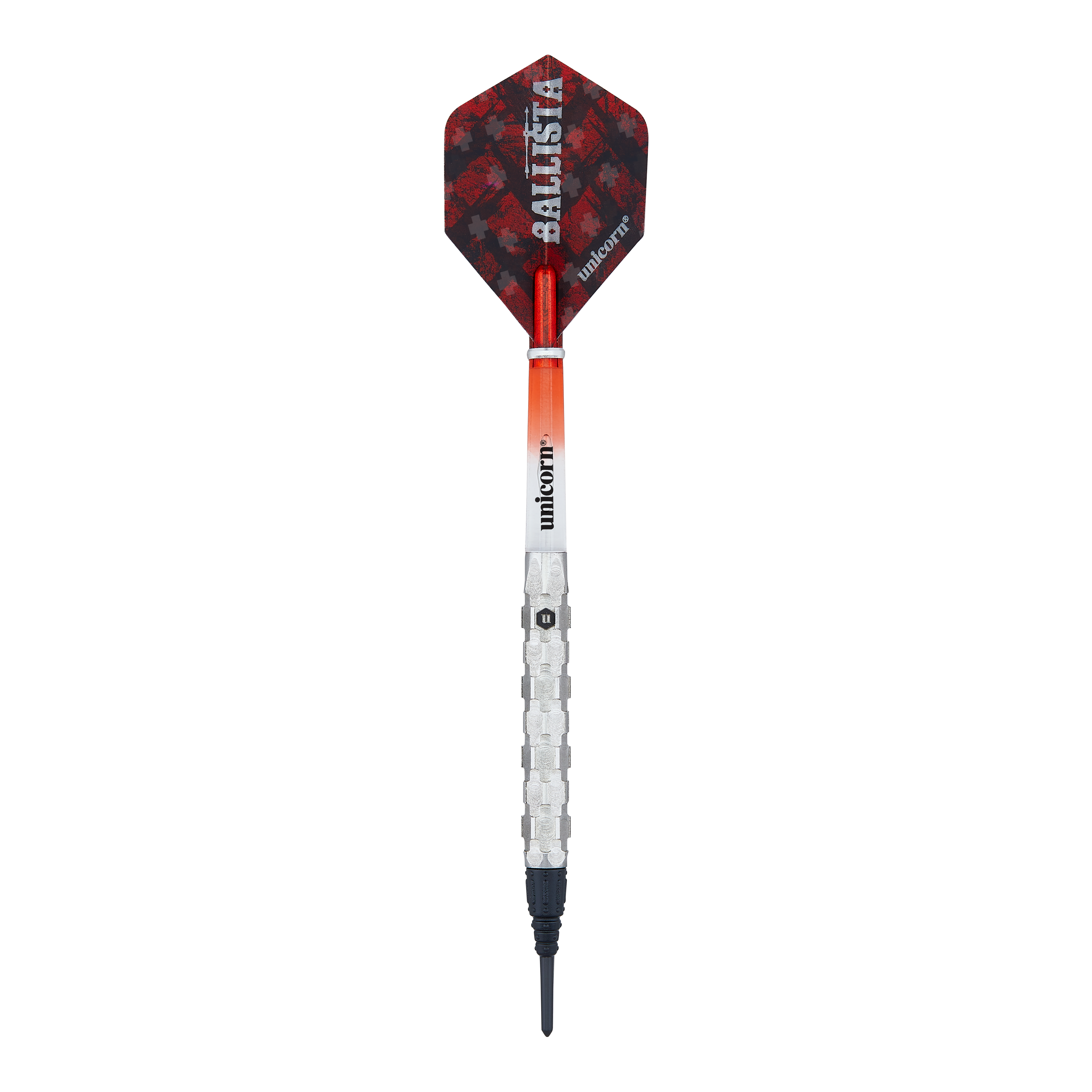 Unicorn Ballista Style 1 soft darts Das Bild zeigt einen Softdartpfeil des Produkts "Unicorn Ballista Style 1 Softdarts". Der Pfeil hat einen silbernen Schaft, eine schwarze Spitze und ein rot-schwarzes Flight mit der Aufschrift "BALLISTA".