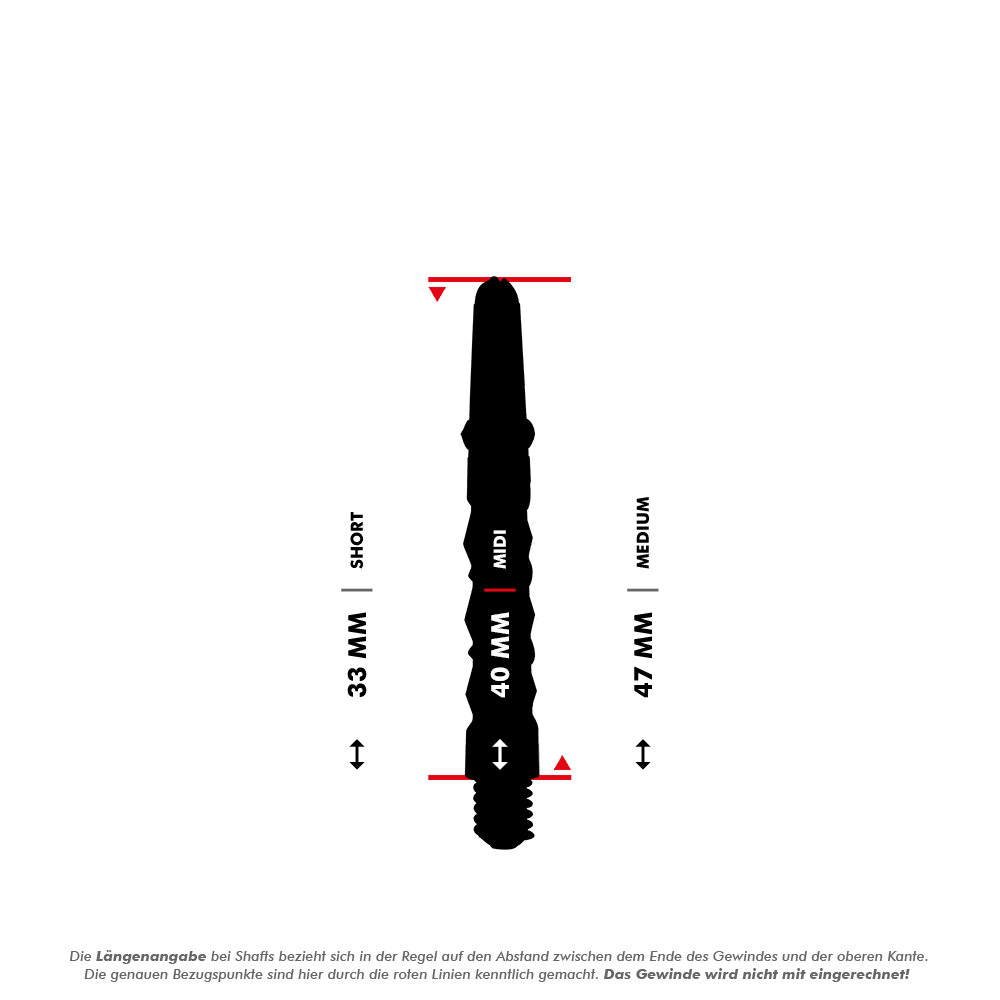Harrows_Carbon_ST_Shafts_5_40mmAsAFvX58eVvkL Das Bild zeigt die Harrows Carbon ST Shafts - Lila in drei unterschiedlichen Längen. Die Längen sind 33 mm (Short), 40 mm (Midi) und 47 mm (Medium) angegeben.