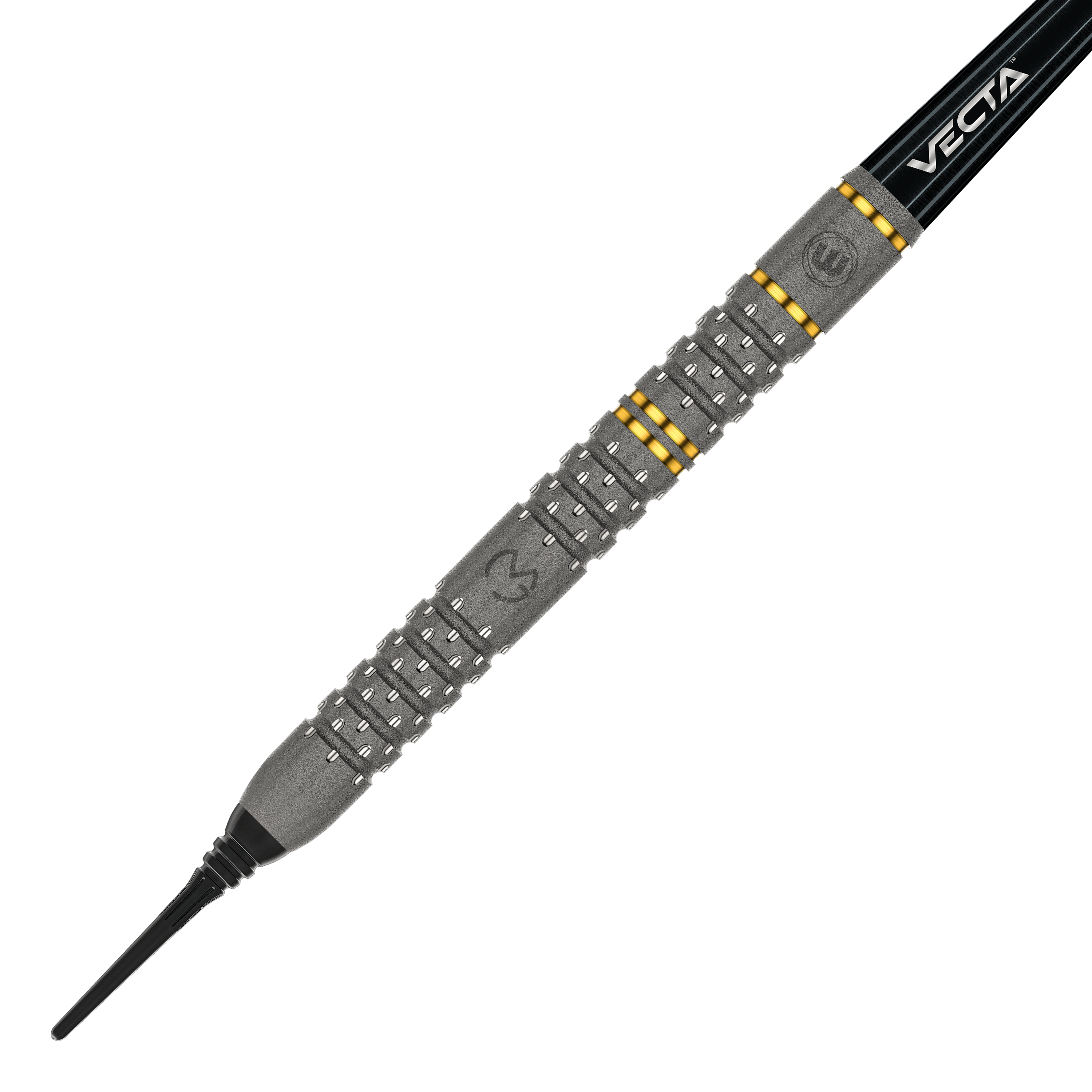 Winmau Michael Van Gerwen Evo-X soft darts - 20g Das Bild zeigt einen Winmau Michael Van Gerwen Evo-X Softdart mit einem Gewicht von 20 Gramm. Der Dart hat ein markantes Design mit silbernen und goldenen Akzenten sowie der Aufschrift "VECTA".