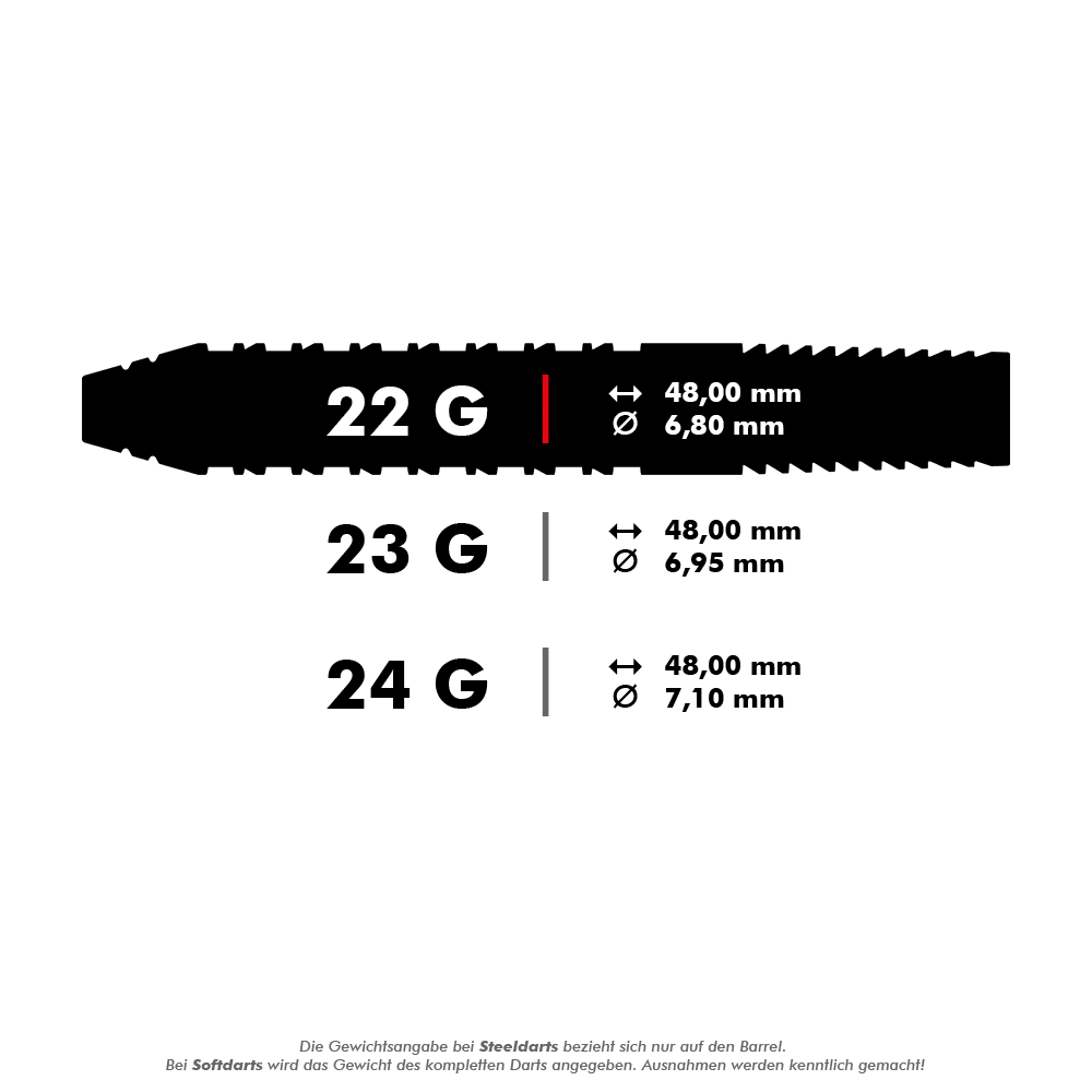 Target Bolide Void 02 Swiss Point steel darts Das Bild zeigt die technischen Daten von Steeldarts mit den Gewichten 22 g, 23 g und 24 g. Für jedes Gewicht werden die Länge von 48,00 mm und unterschiedliche Durchmesser angegeben.