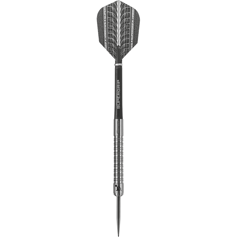 HA11650-Harrows-Supergrip-90-Tungsten-Steeldarts-1DPKYibhoAu83u Das Bild zeigt einen Harrows Supergrip 90% Tungsten Steeldart. Der Dartpfeil hat eine silberne Spitze, einen geriffelten Schaft und ein schwarzes Flight mit der Aufschrift "Supergrip".