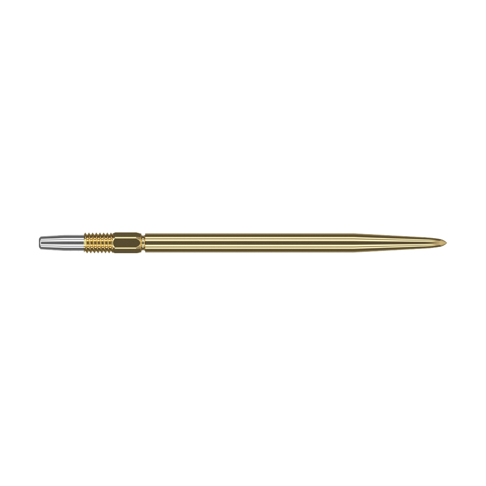 Target Swiss Point Gold dart tips Auf dem Bild ist eine goldene Dartspitze zu sehen. Sie ist schlank, lang und hat ein silbernes Ende zum Befestigen am Dartpfeil.