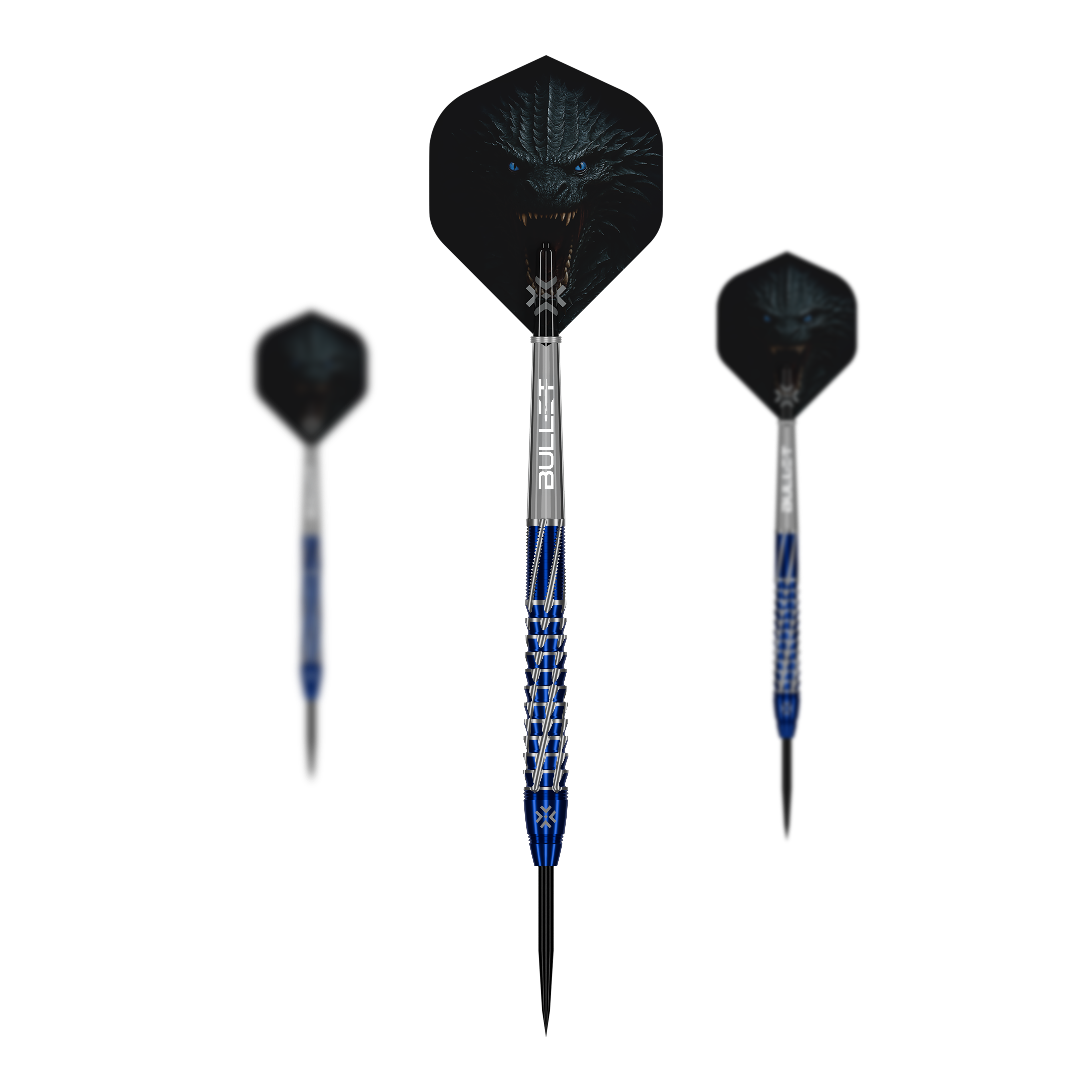 Das Bild zeigt die Bullet Hydra Steeldarts. Ein Set präziser Steeldarts für den Dartsport.