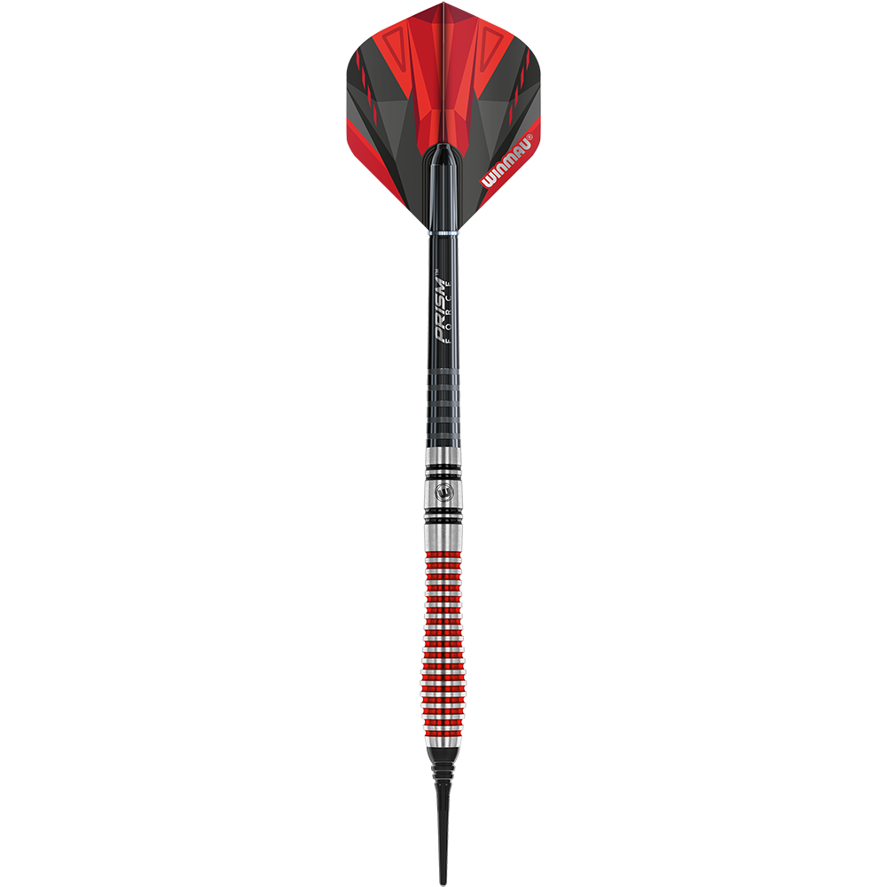 2452_Winmau_Dennis_Priestley_Special_Edition_Softdarts_1m32BpDsm2rHxl Das Bild zeigt den Winmau Dennis Priestley Special Edition Softdart mit einem Gewicht von 22g. Der Dart hat ein auffälliges rotes und schwarzes Design und eine strukturierte Griffzone.