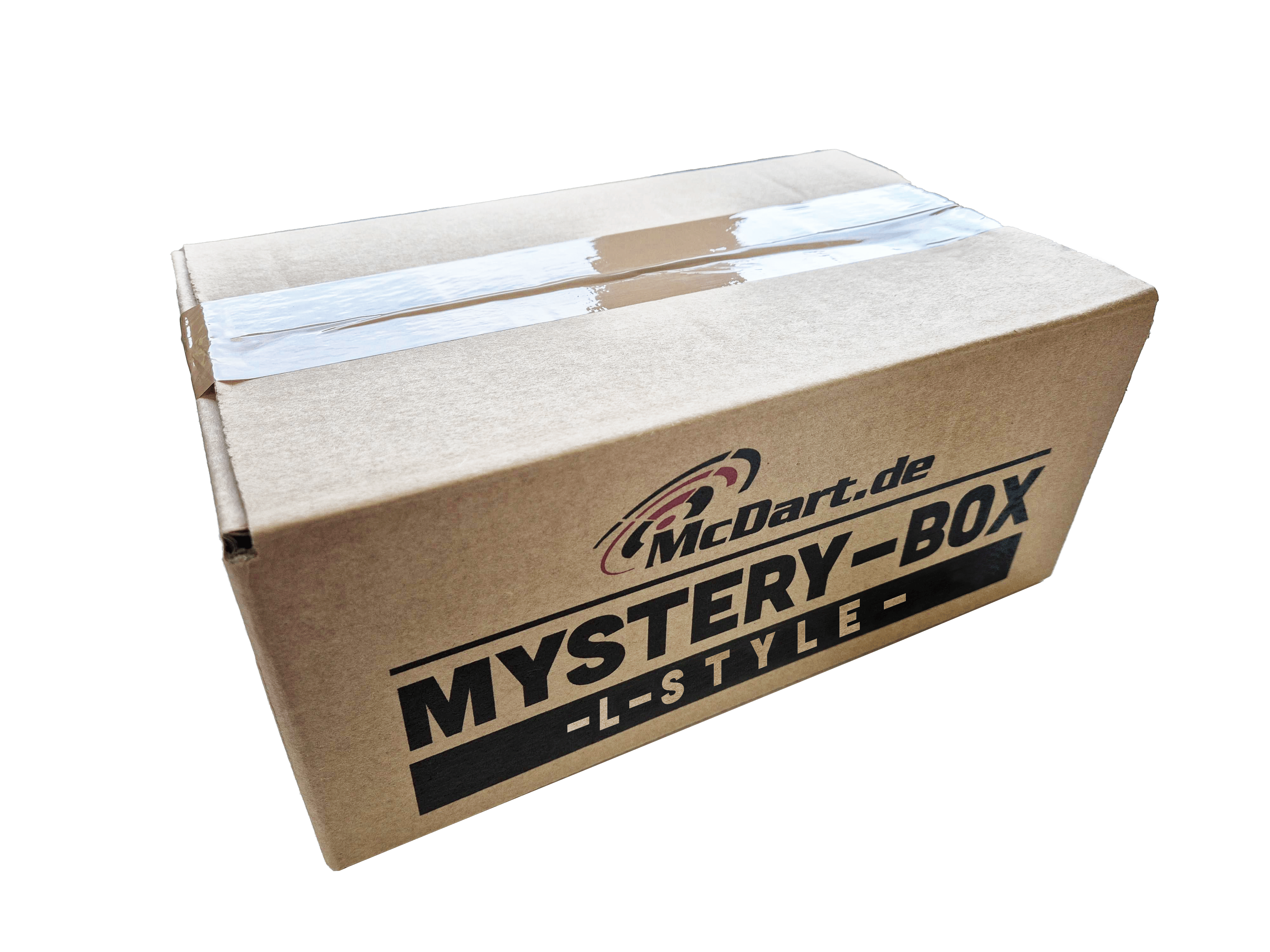 McDart Mystery Box - L-Style Auf dem Bild ist ein brauner Karton mit der Aufschrift „McDart.de MYSTERY-BOX -L-STYLE-“ zu sehen. Die Box ist mit Klebeband verschlossen.