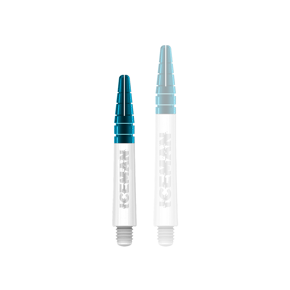 C634_Red_Dragon_Nitrotech_Gerwyn_Price_Shafts_White_36mm_12TYRP2KHfEavg Das Bild zeigt zwei weiße Dartschäfte mit blauen Spitzen. Auf den Schäften steht das Wort "ICEMAN" in großen Buchstaben.