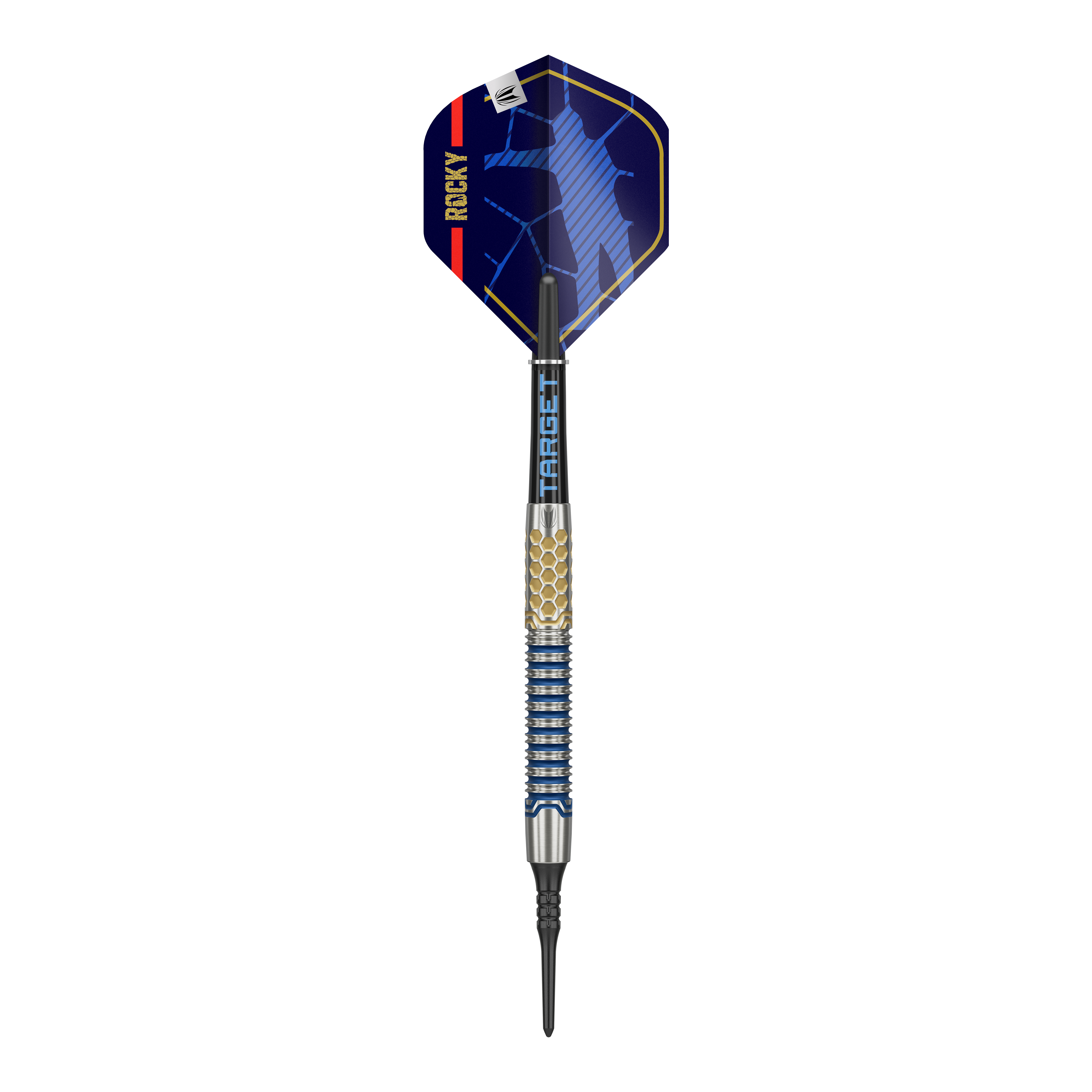 Target Josh Rock GEN1 Soft Darts - 20g Das Bild zeigt einen Target Josh Rock GEN1 Softdart mit einem Gewicht von 20g. Der Dartpfeil hat ein modernes Design mit blauen und goldenen Akzenten.