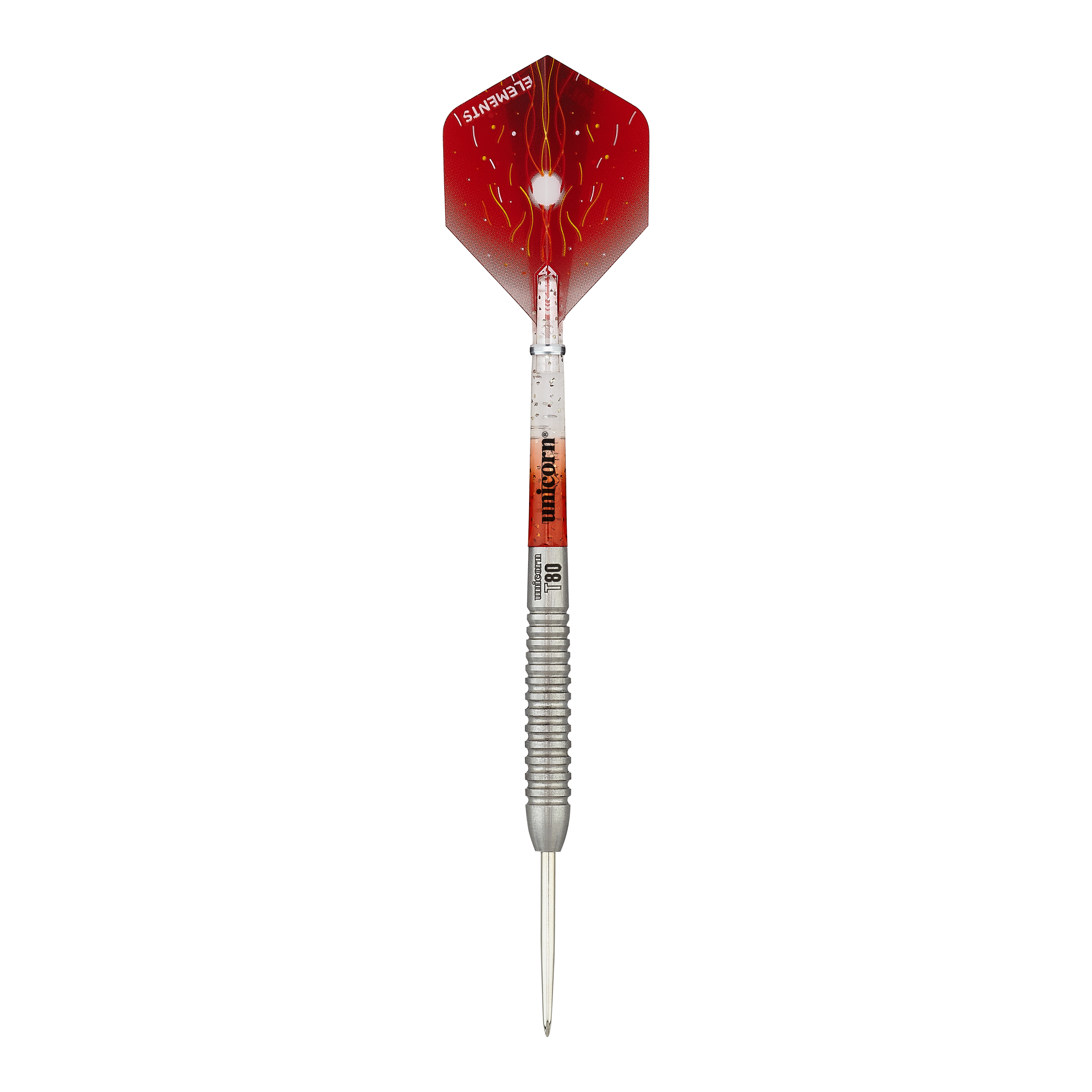 Unicorn Core XL Striker Style 5 steel darts Das Bild zeigt einen Unicorn Core XL Striker Style 5 Steeldart. Der Dart hat einen silbernen Schaft und eine rot designte Flights.