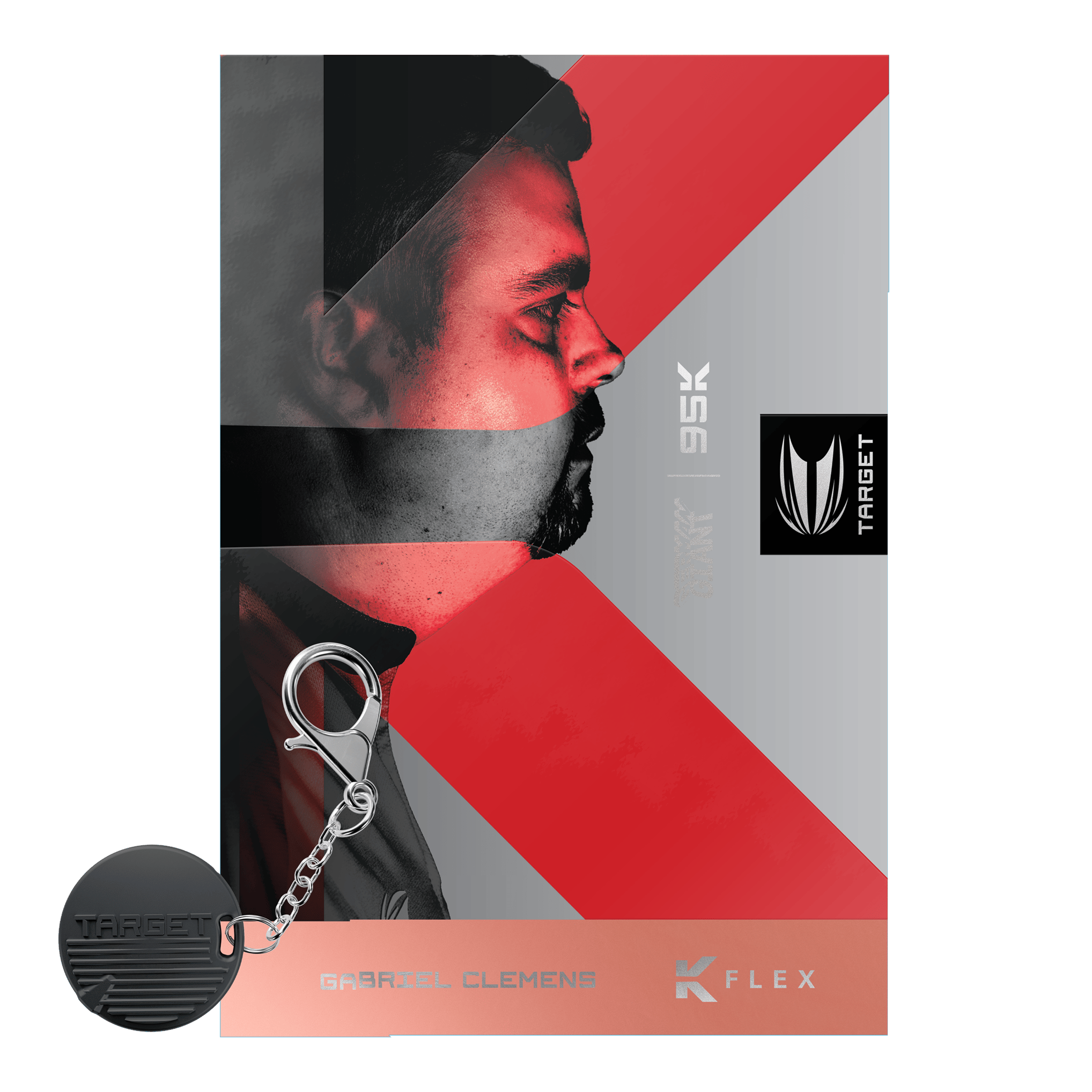 Das Bild zeigt das Profil eines Mannes mit einem roten und grauen Hintergrunddesign. Unten links ist ein Schlüsselanhänger mit dem Schriftzug "TARGET" abgebildet.