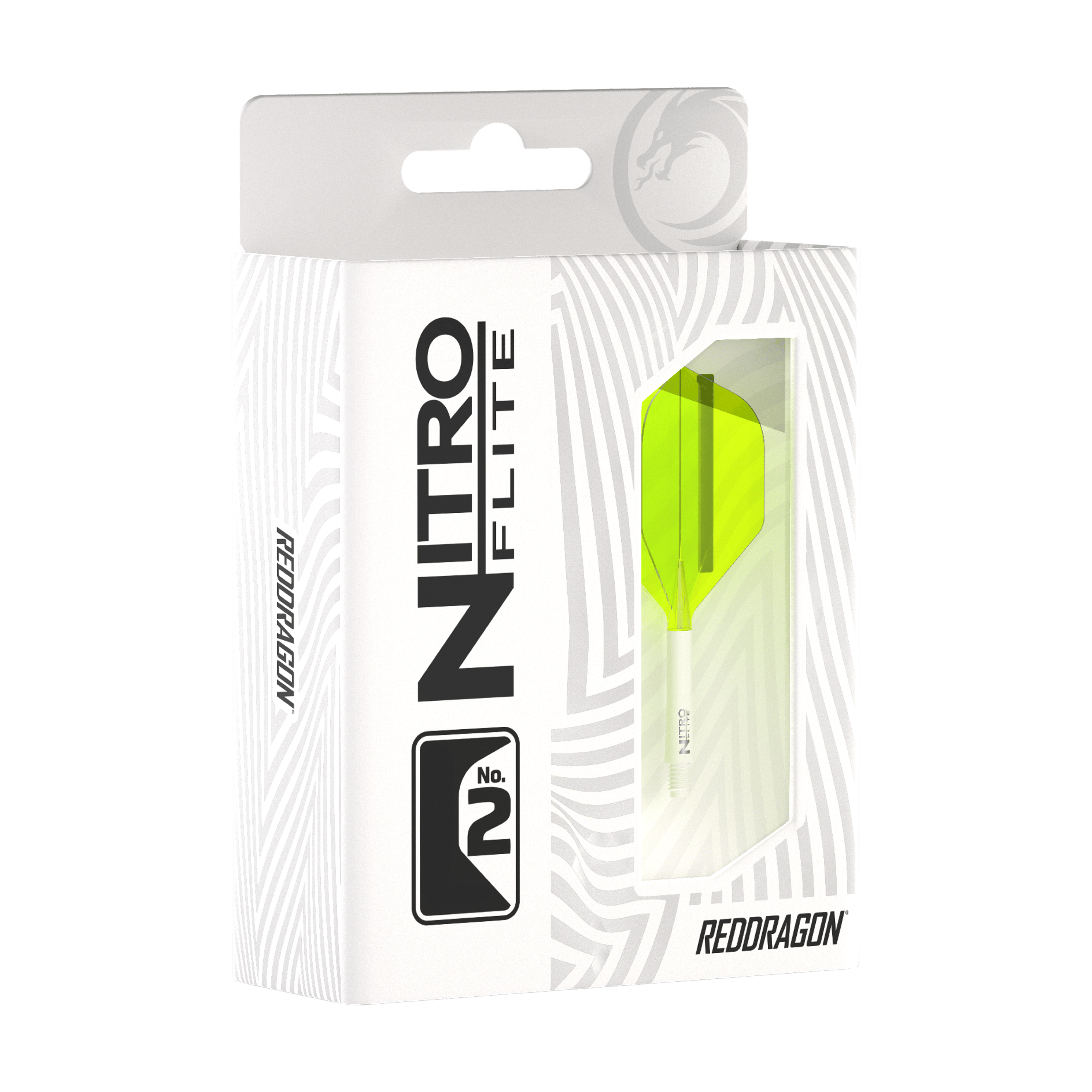 Red Dragon Nitroflite - White Shaft Yellow No2 Flights Die Abbildung zeigt eine Verpackung des Produkts "Red Dragon Nitroflite - White Shaft Yellow No2 Flights". In der Schachtel ist ein gelber Dart-Flügel mit weißem Schaft sichtbar.