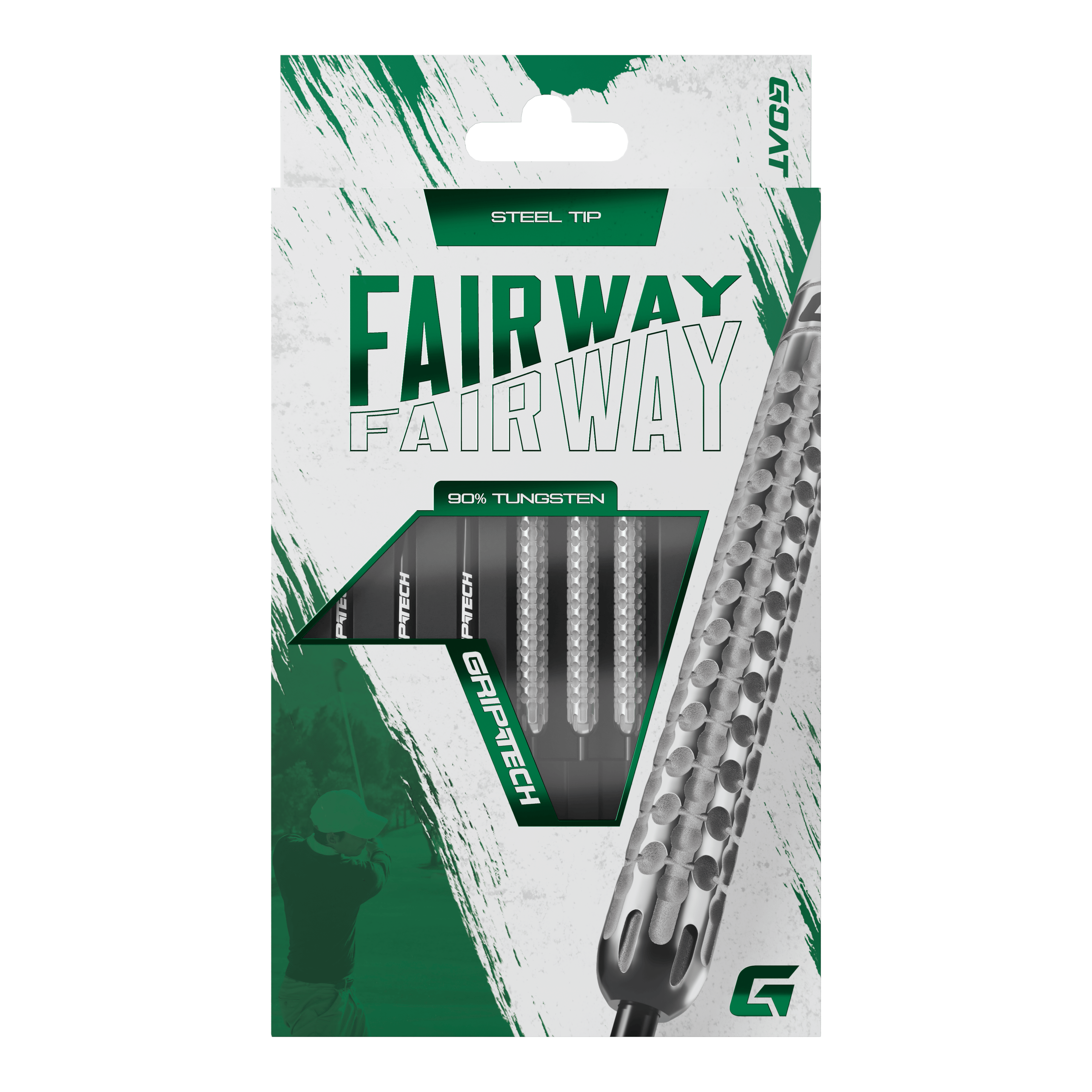 GOAT Fairway V1 Tungsten Steel Darts Die Abbildung zeigt eine Verpackung der GOAT Fairway V1 Tungsten Steeldarts. Die Darts haben eine Stahlspitze und bestehen zu 90% aus Tungsten.