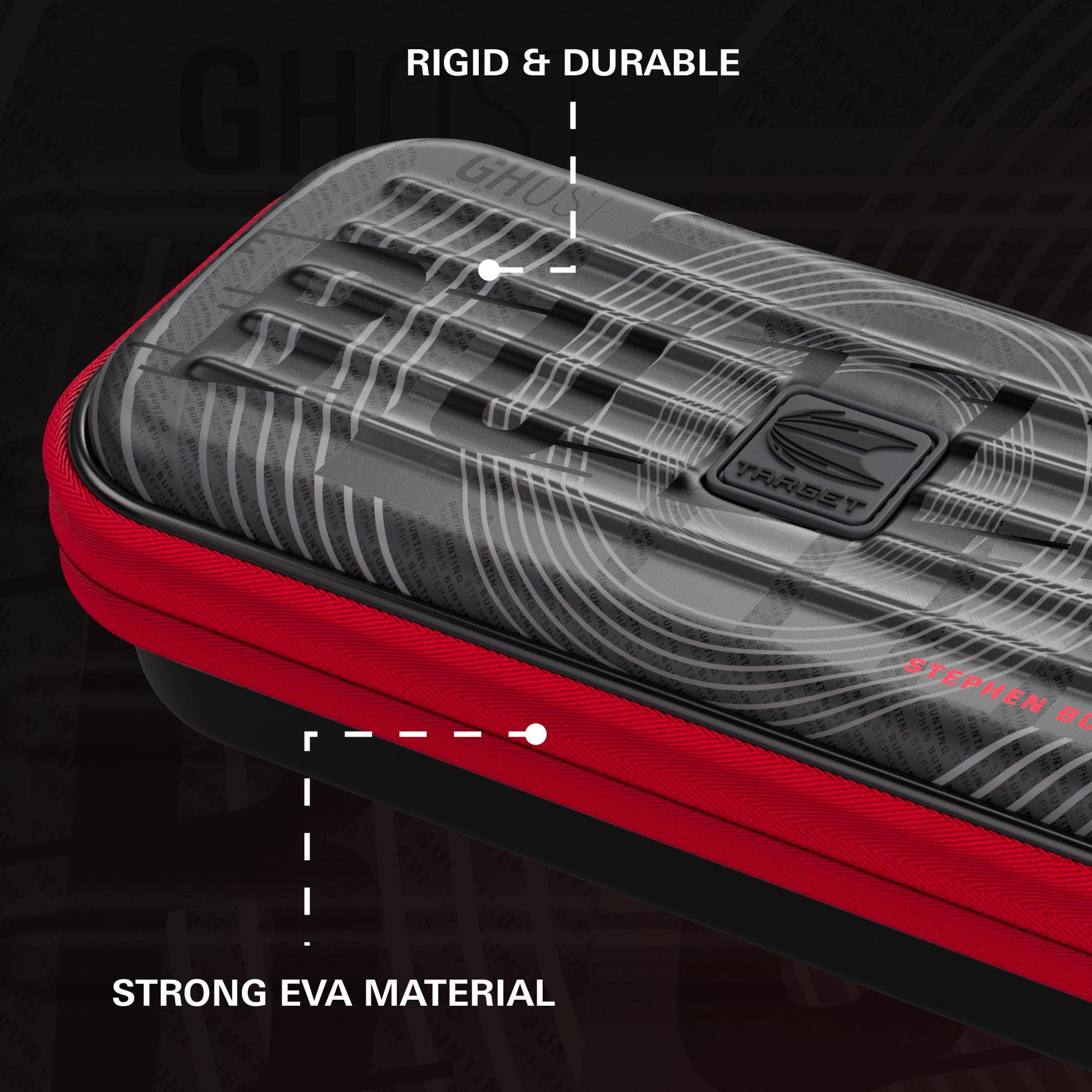 Takoma Ghost Series Stephen Bunting dart case Auf dem Bild ist das Takoma Ghost Series Stephen Bunting Dartcase zu sehen. Es ist eine Schutztasche für Darts mit dem Design von Stephen Bunting.