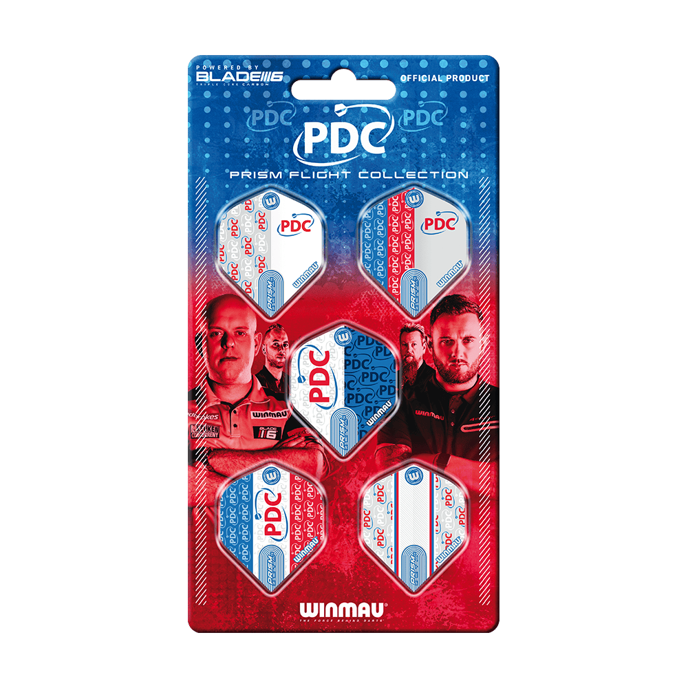 Winmau PDC Prism Flight Collection Das Bild zeigt die "Winmau PDC Prism Flight Collection", eine offizielle Sammlung von Dart-Flights. Die Verpackung ist blau-rot gestaltet und zeigt fünf verschiedene Flights sowie Bilder von Dartspielern.