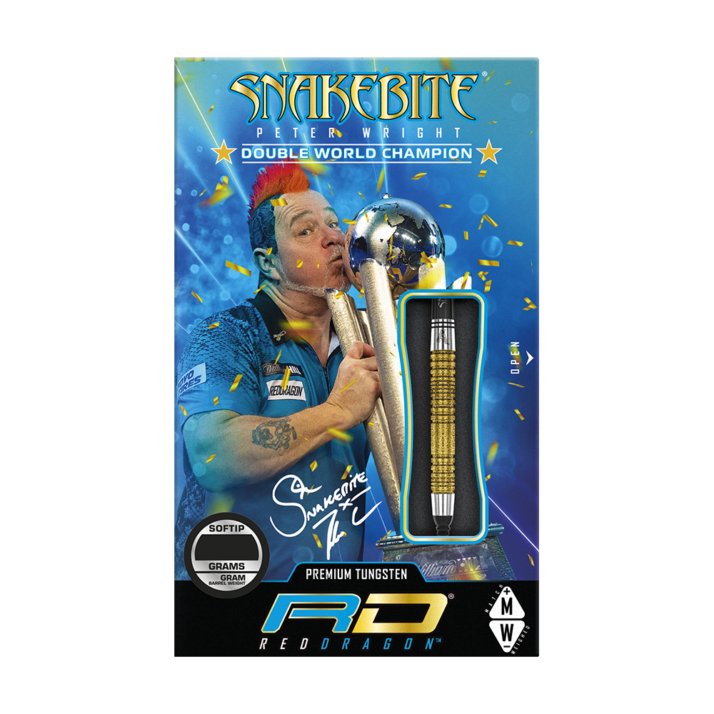 Das Bild zeigt die Verpackung der "Red Dragon Peter Wright Double World Champion SE Gold Plus Softdarts - 20g". Auf der Verpackung ist ein Bild von Peter Wright mit Pokal und einem goldfarbenen Dart abgebildet.