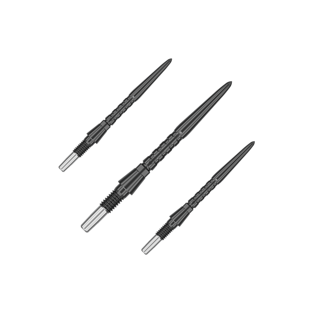 Target Swiss Point Storm Surge Steel Dart Tips - Black Das Bild zeigt drei schwarze Steeldartspitzen, die parallel angeordnet sind. Sie haben eine metallische Aufnahme am hinteren Ende und eine strukturierte Oberfläche.