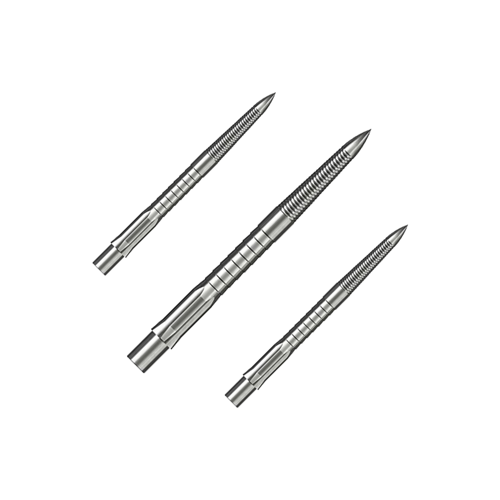 Caliburn System Steel Dart Tips - Micro Grip - Silver Das Bild zeigt drei silberne Steeldartspitzen mit feinem Micro-Grip. Sie sind 28 mm lang und sauber nebeneinander angeordnet.