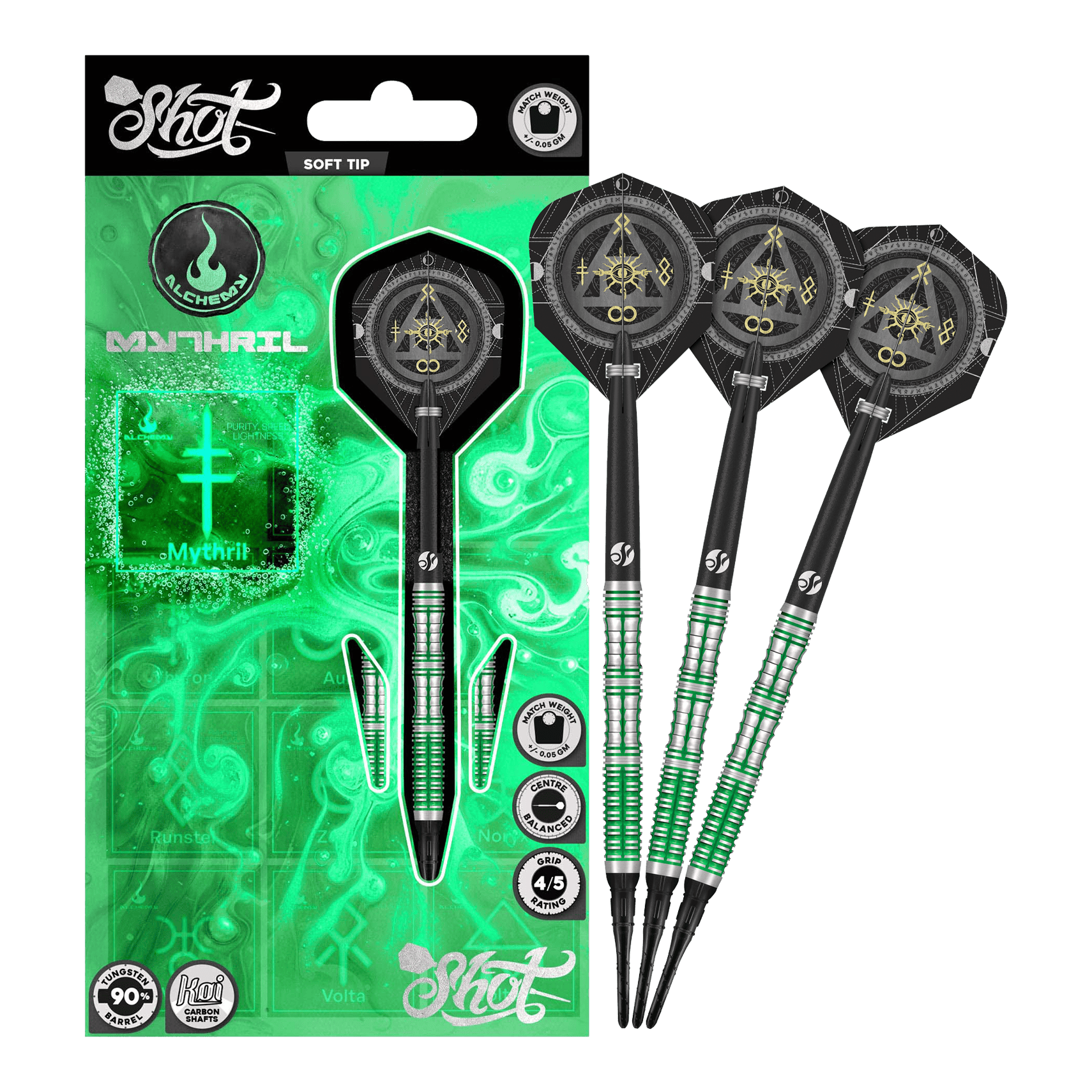 Shot Alchemy Mythril Soft Darts - 20g Abgebildet sind die Shot Alchemy Mythril Softdarts - 20g in voller Ansicht. Das Produkt wird komplett dargestellt.