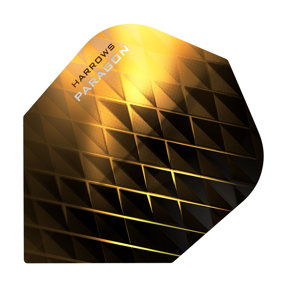 HR7605_Harrows_Paragon_Gold_No2_Standard_Flights_1 Das Bild zeigt ein goldfarbenes Dart-Flight mit geometrischem Muster. Auf dem Flight steht der Text „Harrows Paragon“.