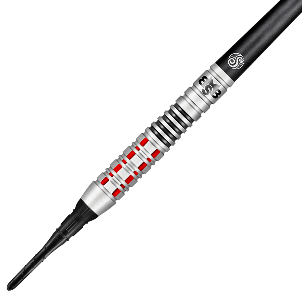 Shot Michael Smith Believe soft darts Das Bild zeigt einen Shot Michael Smith Believe Softdart. Der Dart hat ein silbernes Design mit roten und schwarzen Akzenten.