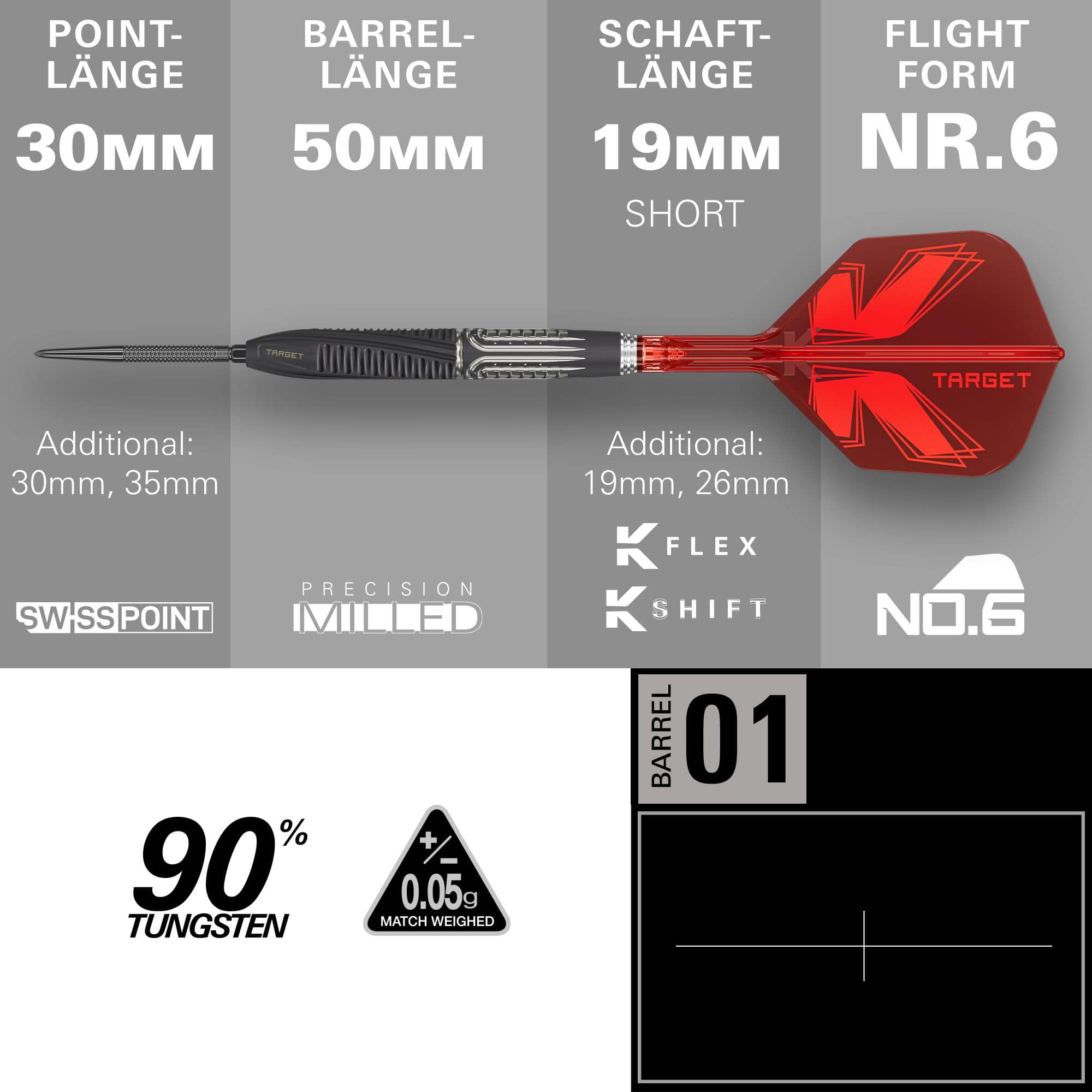 Hier sind Target Shift Swiss Point Steeldarts zu sehen. Die Darts werden aus einer anderen Perspektive dargestellt.