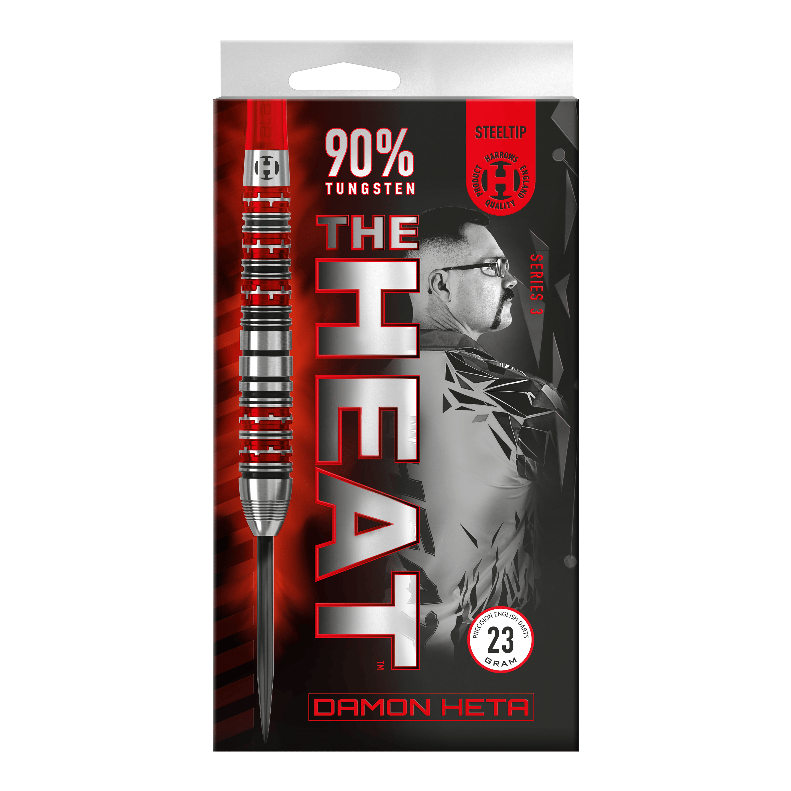 Harrow's Damon Heta Series 3 steel darts Die Verpackung zeigt die "Harrows Damon Heta Series 3 Steeldarts" mit einem markanten Design in Rot und Schwarz. Auf der Vorderseite sind Informationen wie 90% Tungsten und ein Bild von Damon Heta abgebildet.