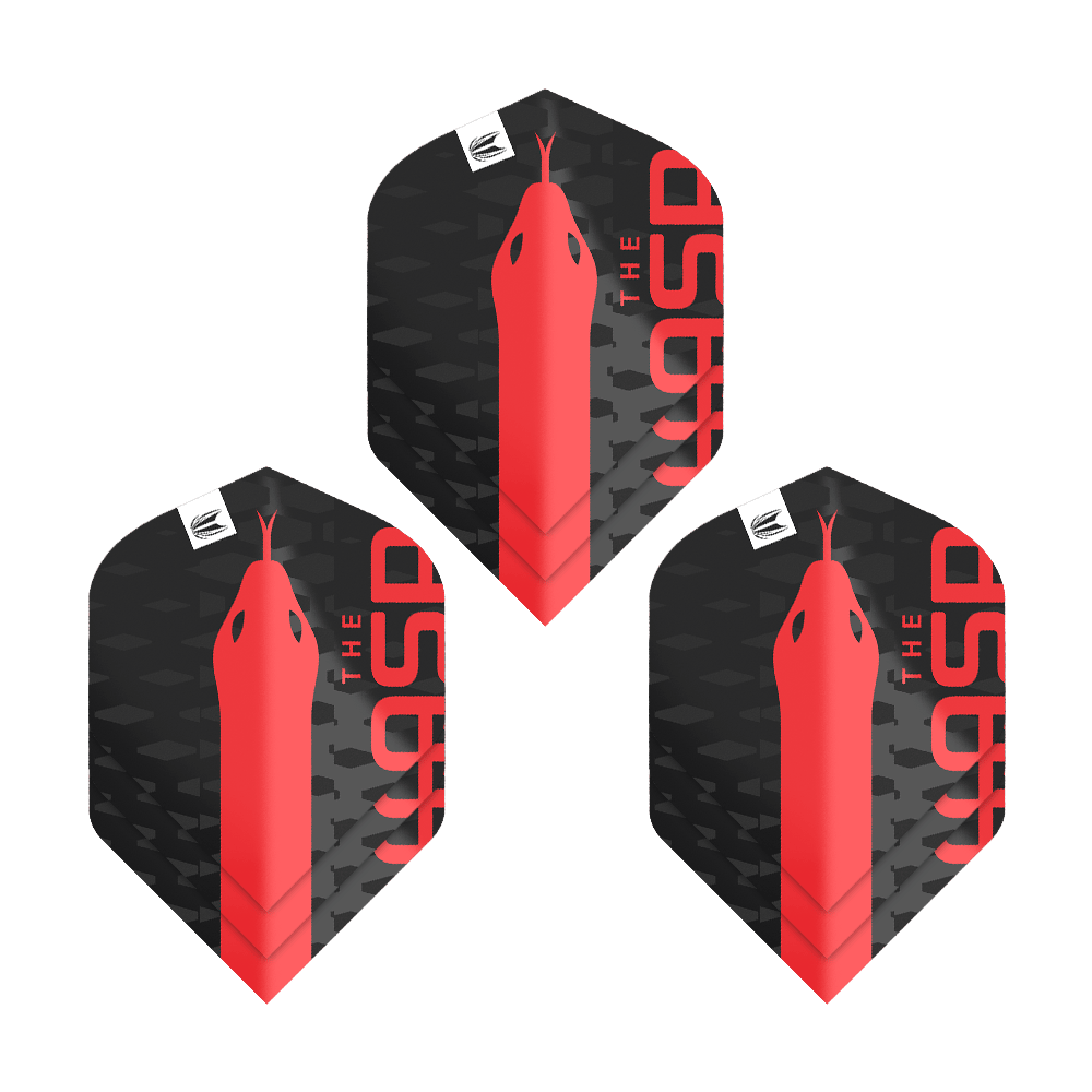 Target Pro Ultra Nathan Aspinall No2 Standard Flights - 3 sets Das Bild zeigt drei schwarze Dart-Flights mit einem roten Schlangenkopf und der Aufschrift "THE ASP". Es handelt sich um das Produkt "Target Pro Ultra Nathan Aspinall No2 Standard Flights - 3 Sets".