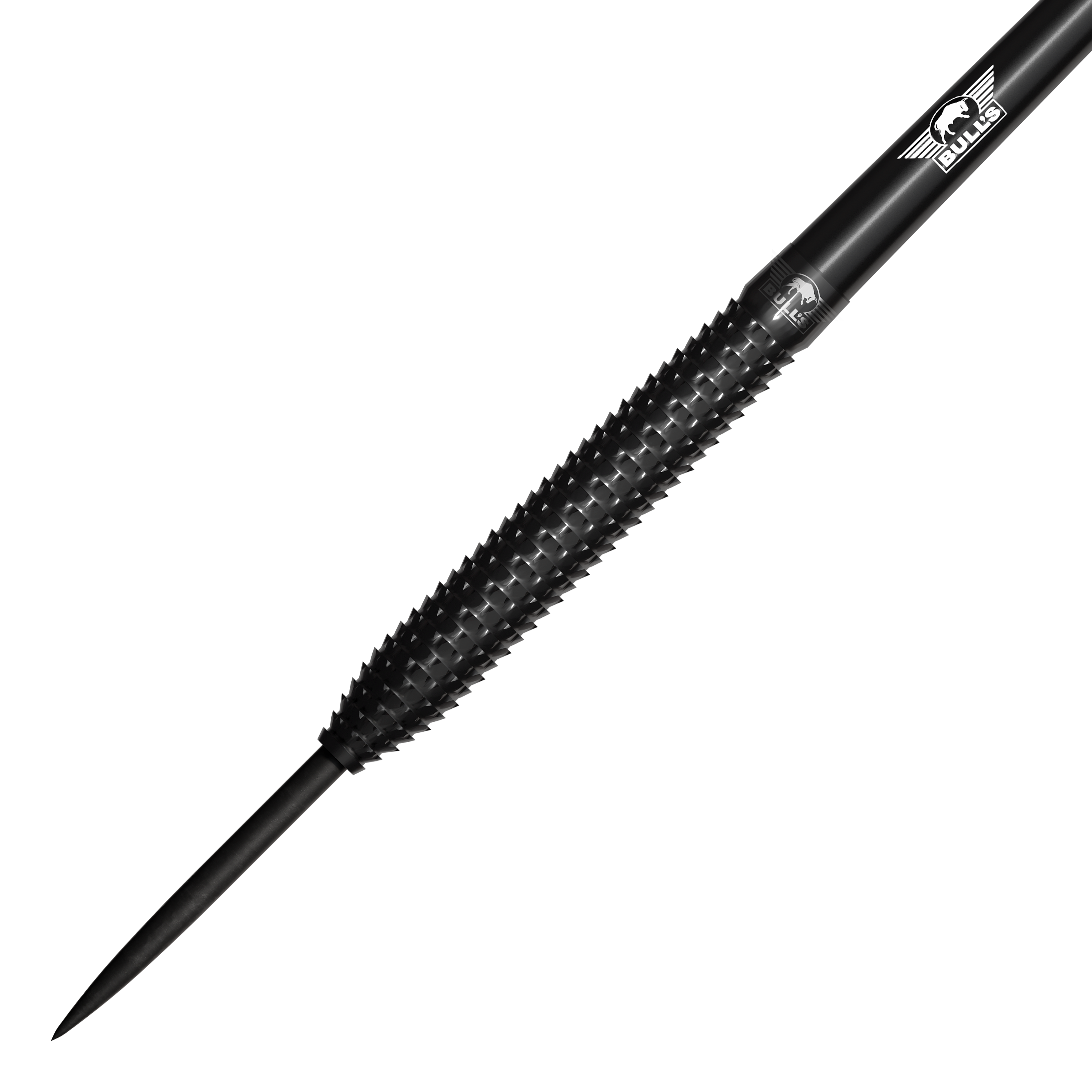Bulls NL Shark Pro Black Steel Darts Das Bild zeigt einen schwarzen Steeldart mit einer strukturierten Griffzone. Auf dem Dart ist das Bulls NL Logo zu sehen.