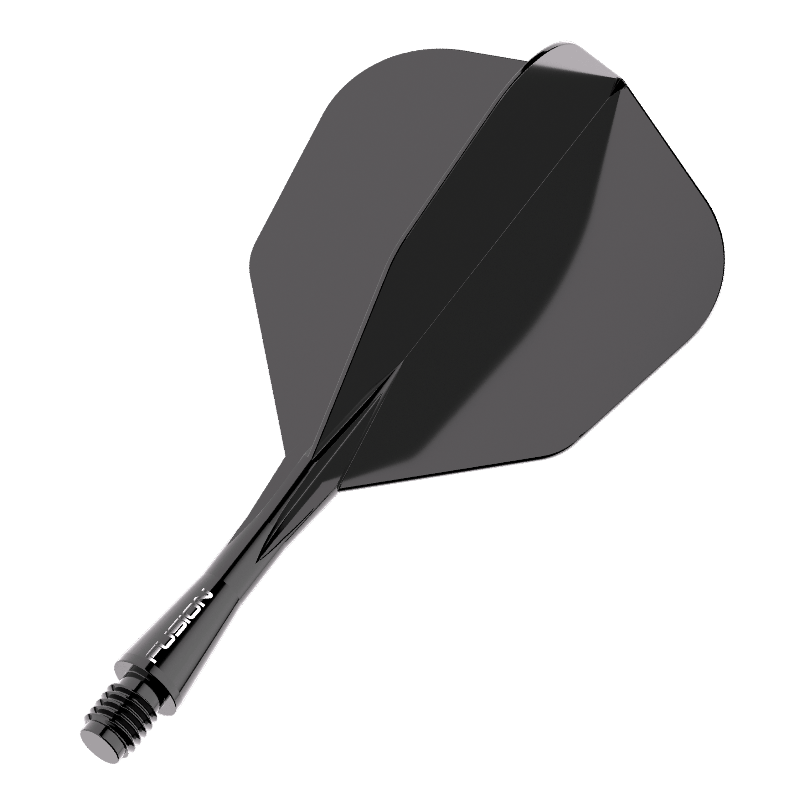 Winmau Fusion Flight Shaft System No6 Black Das Bild zeigt ein schwarzes Dart Flight-Schaft-System. Es trägt den Schriftzug "FUSION" auf dem Schaft und hat eine glänzende Oberfläche.