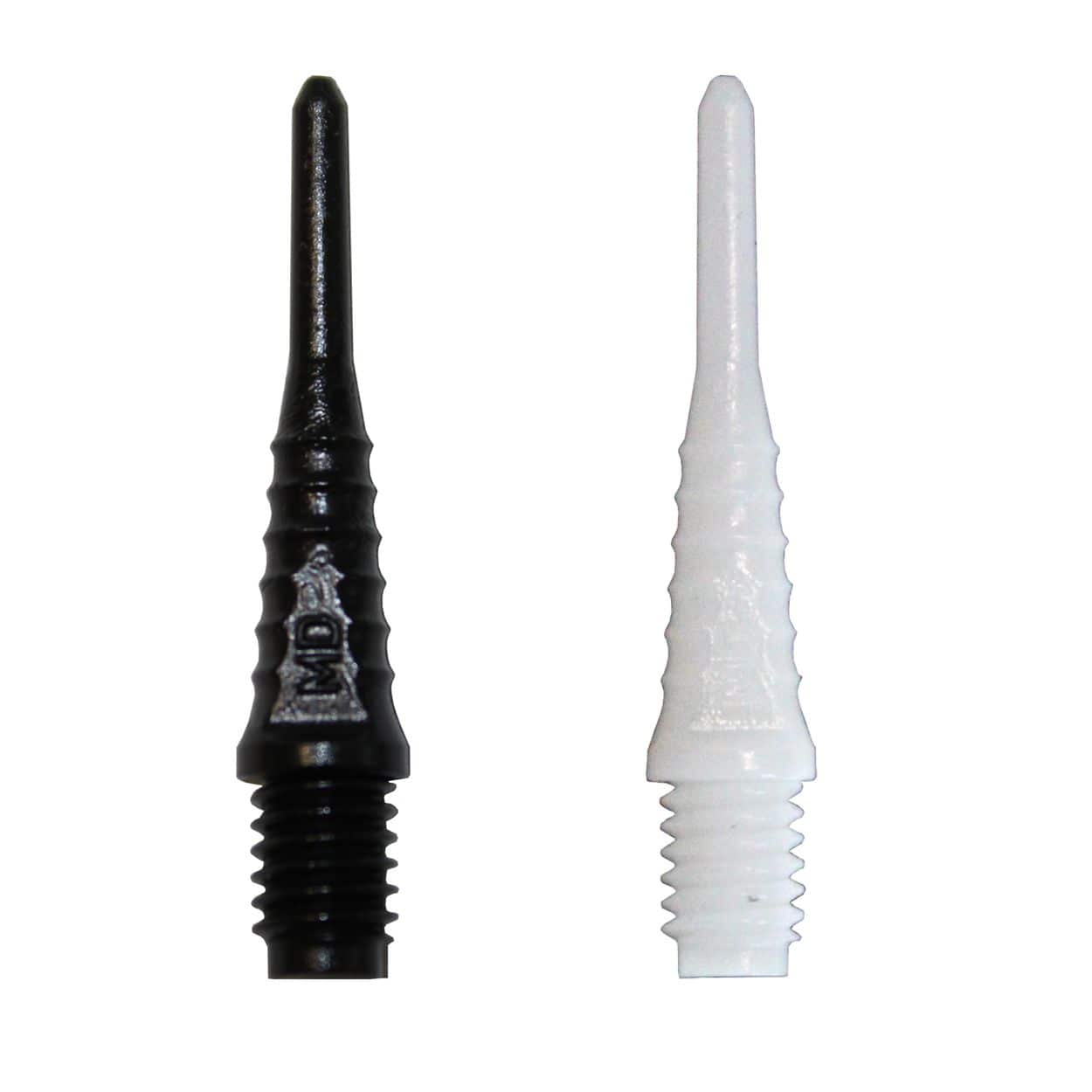 990_McDart_Evo_Grip5992fa9294a61 Das Bild zeigt zwei McDart Evo Grip Spitzen in den Farben Schwarz und Weiß. Diese Spitzen sind Ersatzteile für Softdarts und werden im 500er Pack angeboten.