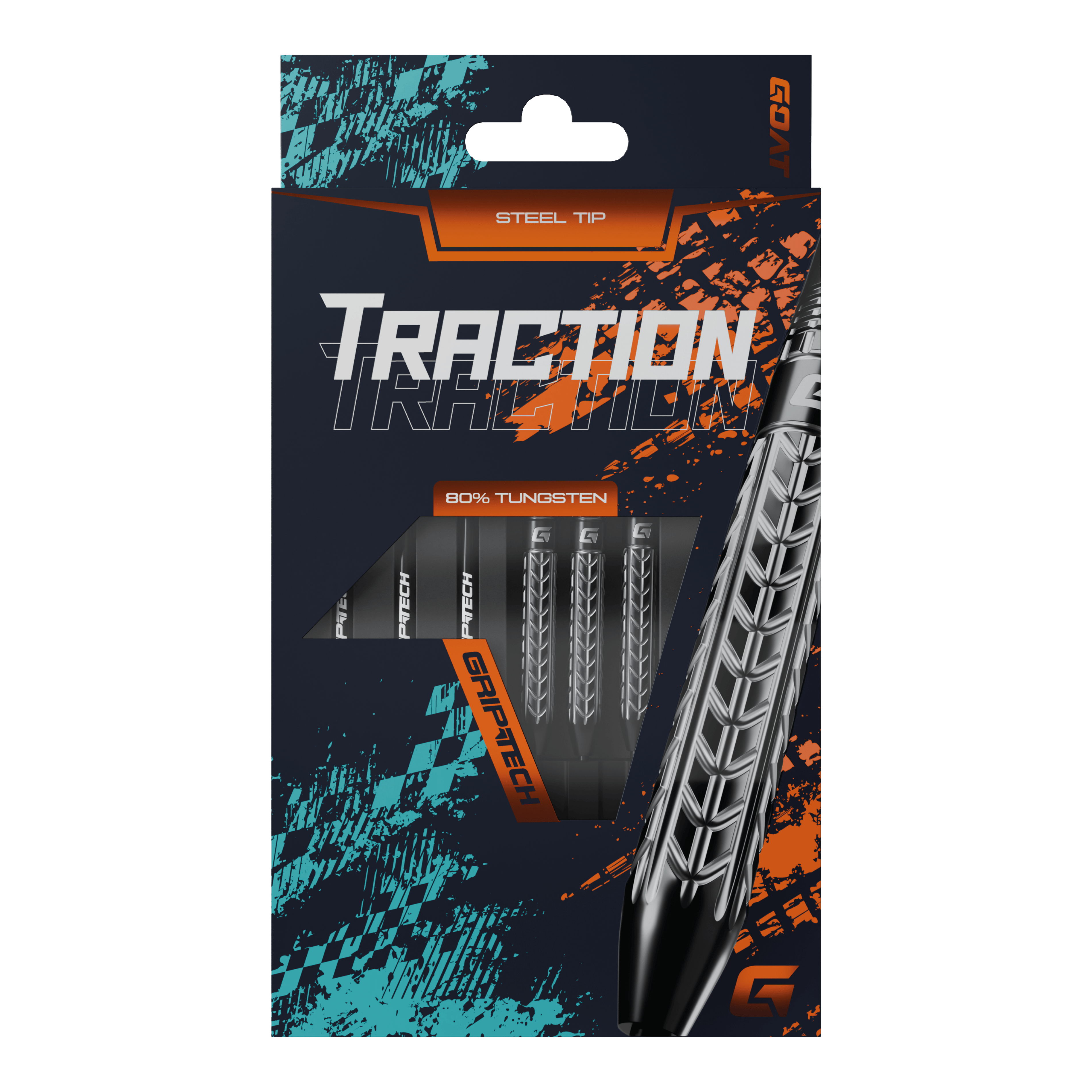 GOAT Traction Tungsten Steel Darts Die Abbildung zeigt die Verpackung der "GOAT Traction Tungsten Steeldarts" mit Stahlspitzen. Auf der Vorderseite ist das auffällige Design und der Hinweis auf 80% Tungsten sowie GRIPTECH deutlich sichtbar.