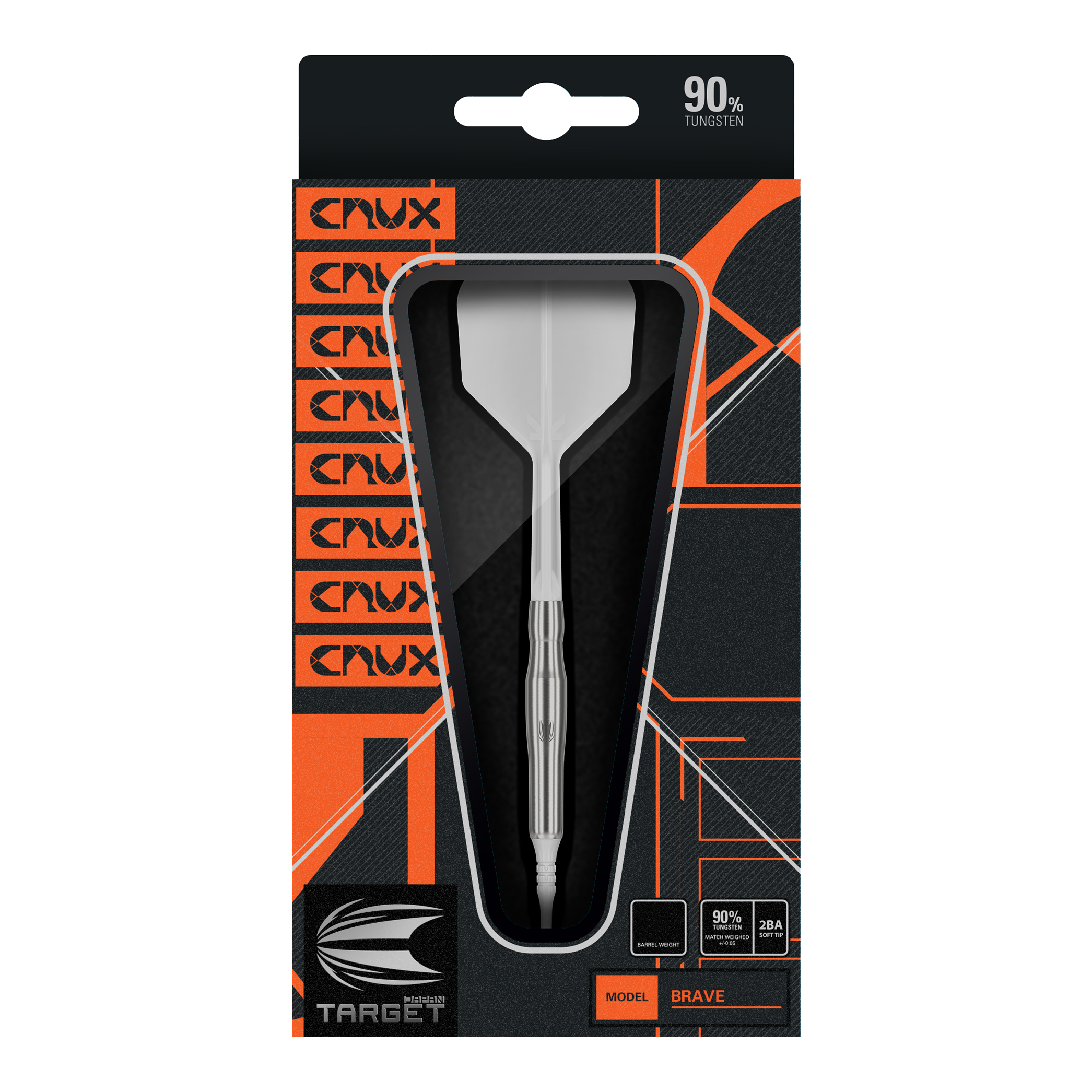 Target Japan Crux Brave Soft Darts - 18.5g Das Bild zeigt die Verpackung des Produkts "Target Japan Crux Brave Softdarts - 18,5g". Der Dartpfeil ist gut sichtbar in einer schwarzen und orangefarbenen Box präsentiert.