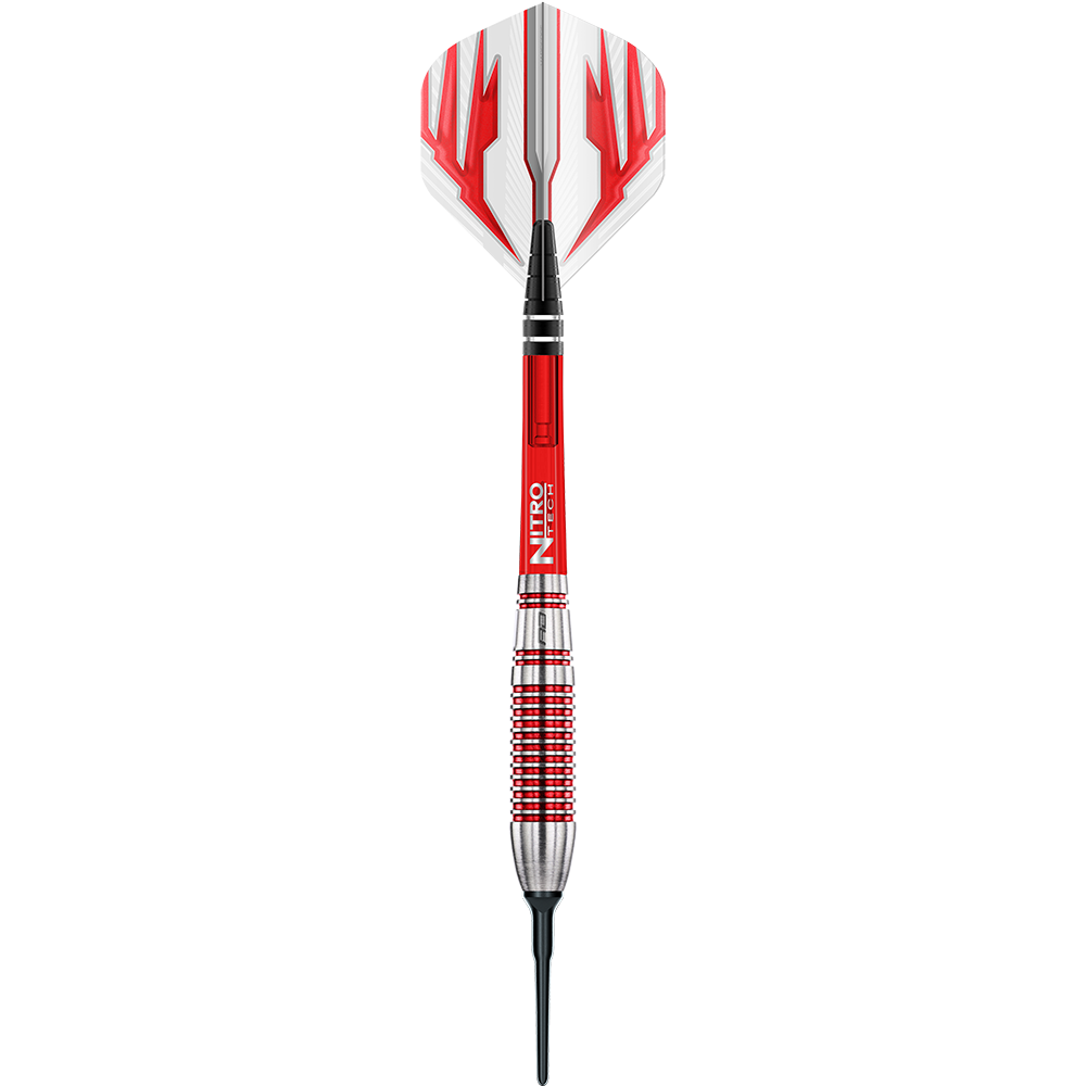 RD2137_Red_Dragon_Reflex_Softdarts_1dEfRHPaBBpnQ2 Das Bild zeigt einen Red Dragon Reflex Softdart mit einem Gewicht von 22 Gramm. Der Dart hat ein auffälliges Design in Rot, Silber und Weiß.