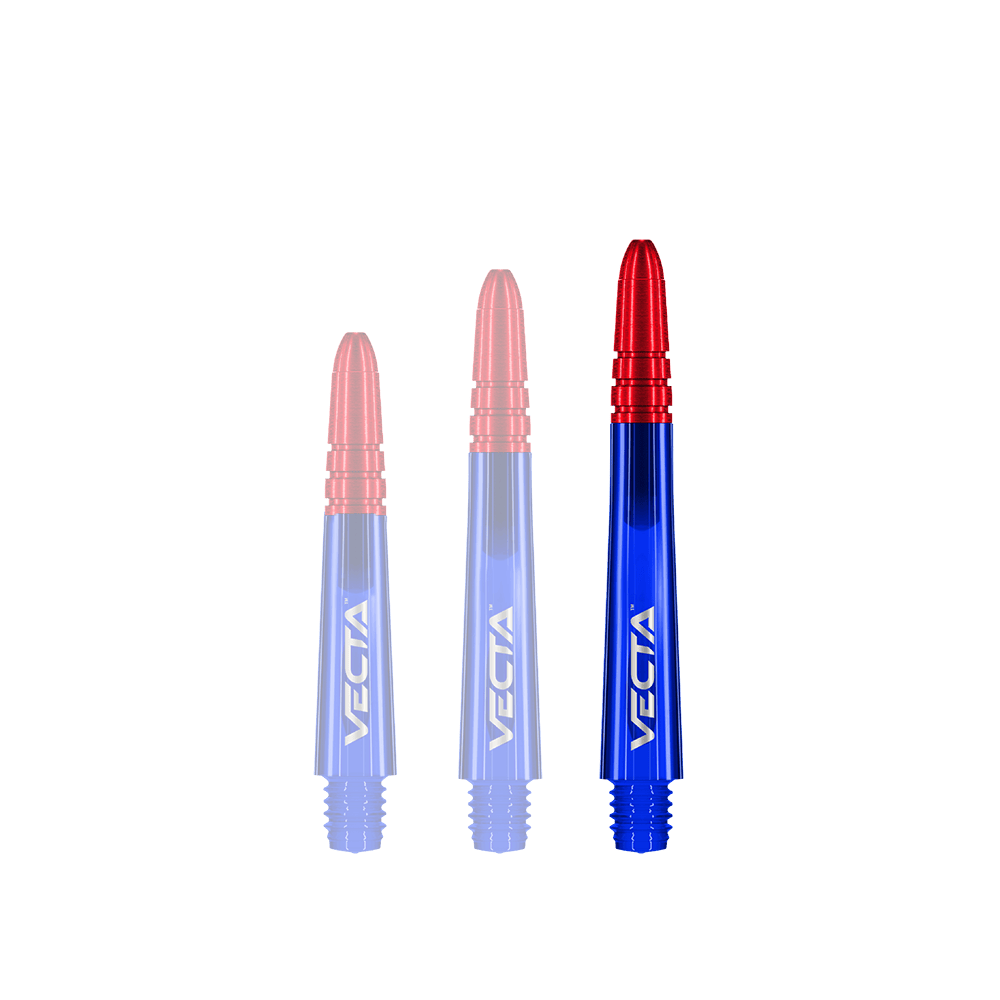 Winmau Vecta Shafts - Blue Red Das Bild zeigt drei Dartschäfte in den Farben Blau und Rot. Auf jedem Schaft steht der Schriftzug „VECTA“.