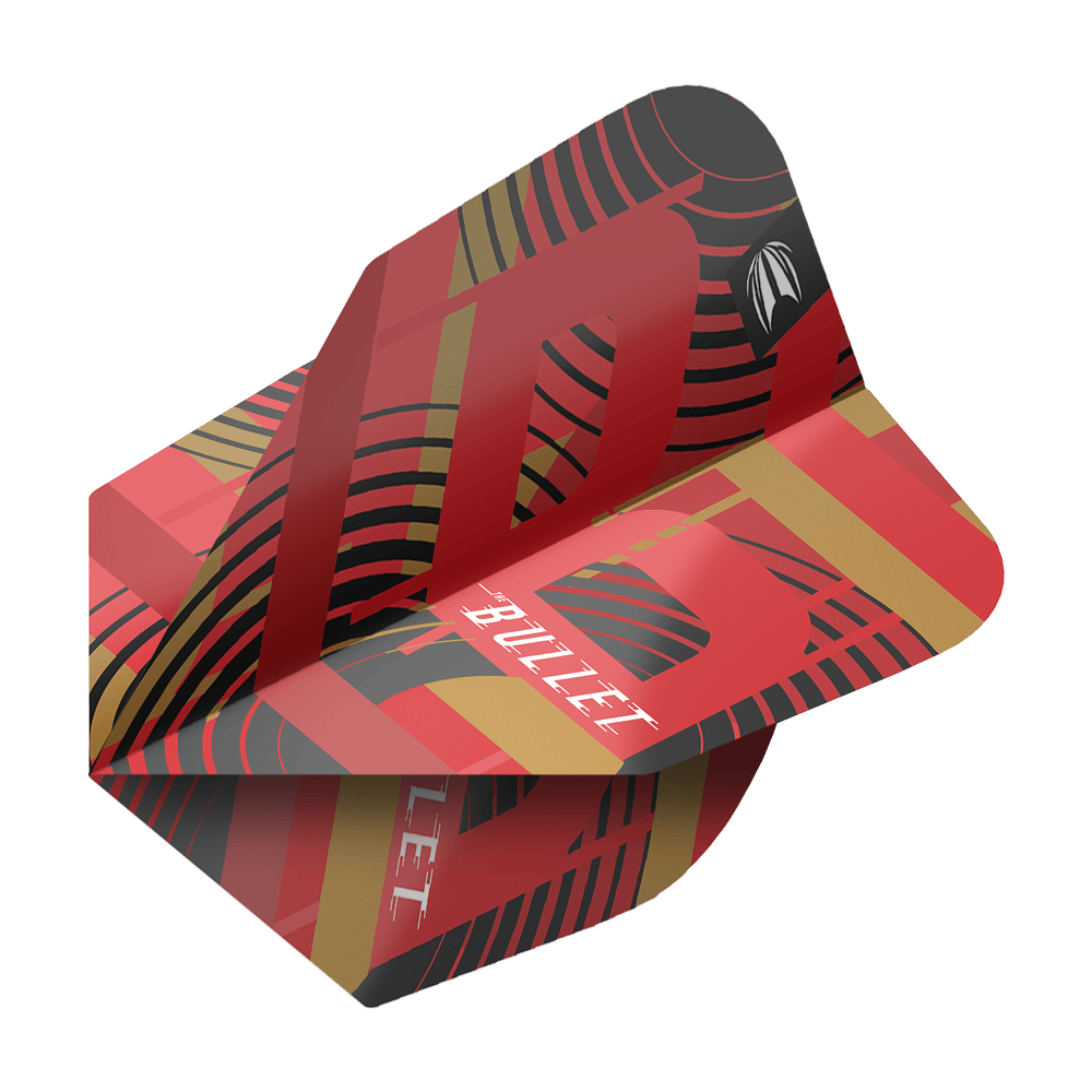 Target Pro Ultra Stephen Bunting GEN5 No6 Flights - 3 Sets Das Bild zeigt ein Dartflight aus der Serie "Target Pro Ultra Stephen Bunting GEN5 No6". Das Flight ist rot mit schwarzen und goldenen Akzenten und trägt die Aufschrift "BULLET".