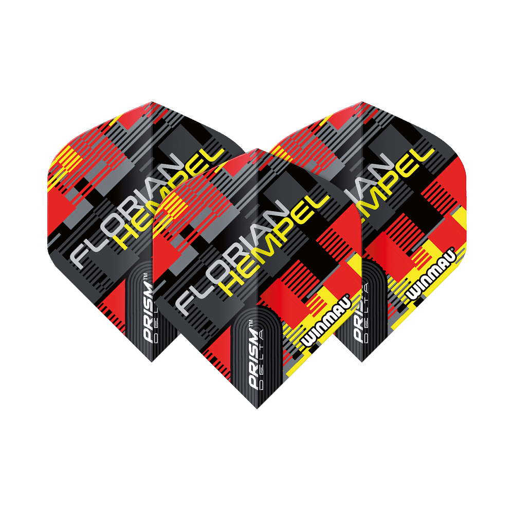 6915-259_Winmau_Prism_Delta_Florian_Hempel_Metallic_Standard_Flights_1GLvDUjQzzz7C2 Das Bild zeigt drei Dart-Flights des Modells "Winmau Prism Delta Florian Hempel Metallic Standard". Die Flights haben ein modernes Design in Schwarz, Rot und Gelb mit dem Namen "Florian Hempel" und dem Winmau-Logo darauf.