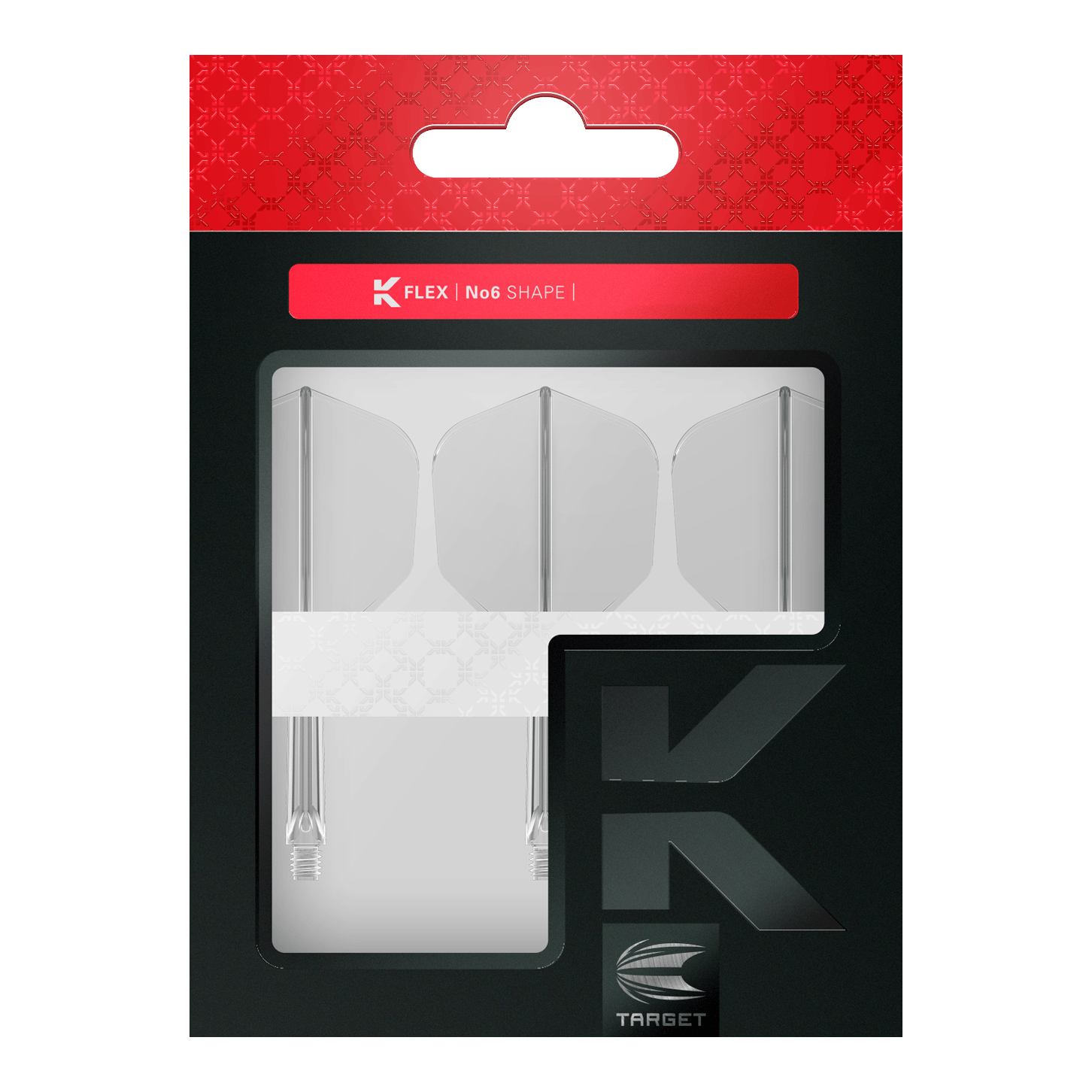 Target K-Flex No6 Flight System - Clear Das Bild zeigt eine Verpackung mit drei klaren Dart-Flights und Schäften der Marke Target. Die Verpackung ist schwarz und rot gestaltet und trägt die Aufschrift „K FLEX | No6 SHAPE“.