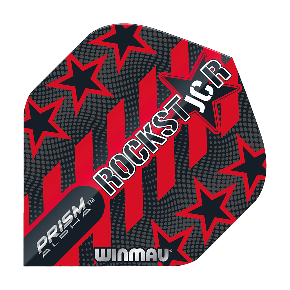 6915-198_Winmau_Prism_Alpha_Joe_Cullen_Standard_Flights_1 Das Bild zeigt ein Winmau Prism Alpha Joe Cullen Standard Flight für Darts. Das Design ist schwarz und rot mit Sternen und den Wörtern „ROCKST★R“ darauf.