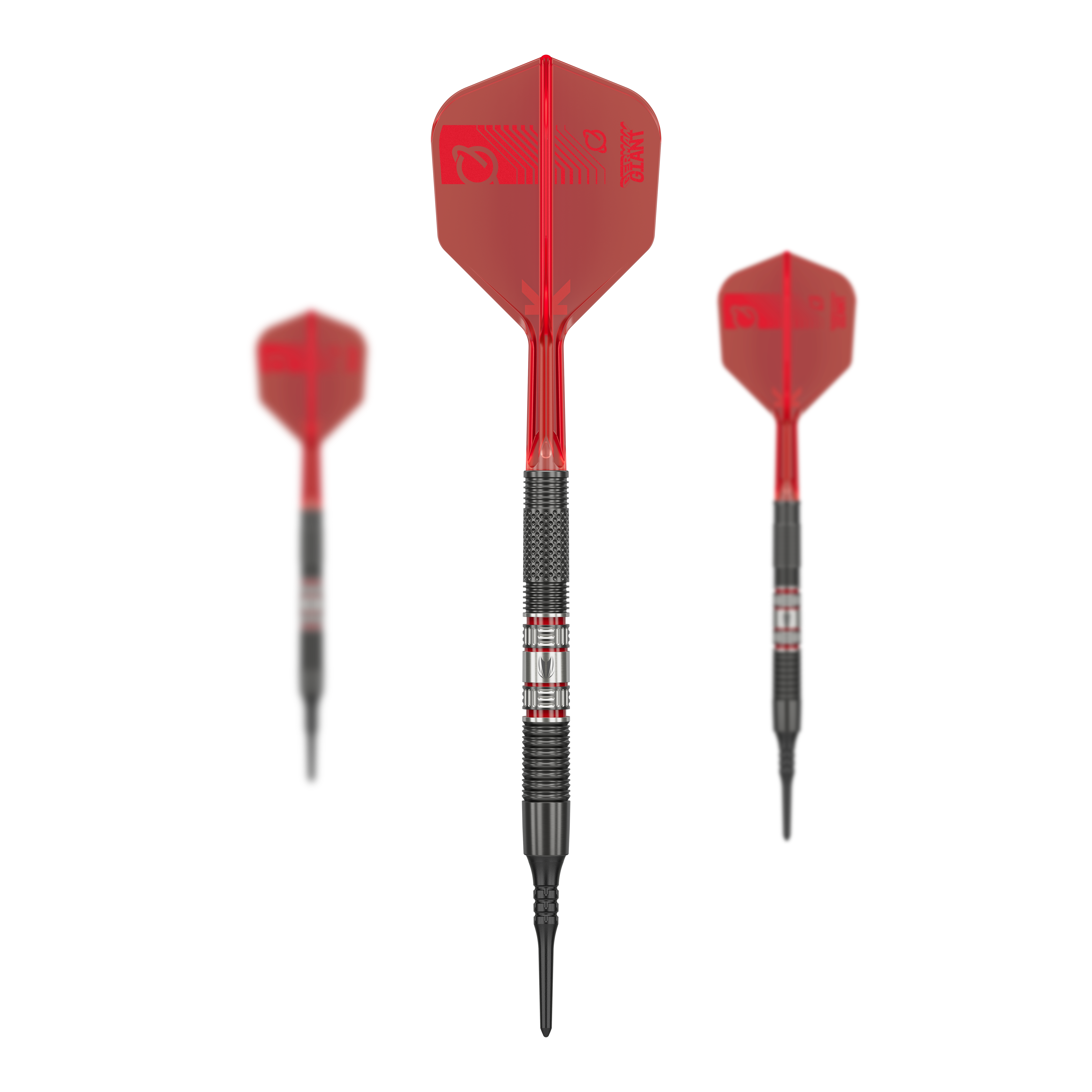 Target Gabriel Clemens 95K soft darts - 19g Das Bild zeigt drei Softdarts des Modells "Target Gabriel Clemens 95K Softdarts - 19g". Die Darts haben rote Flights und einen silber-schwarzen Barrel mit markanten Rillen.