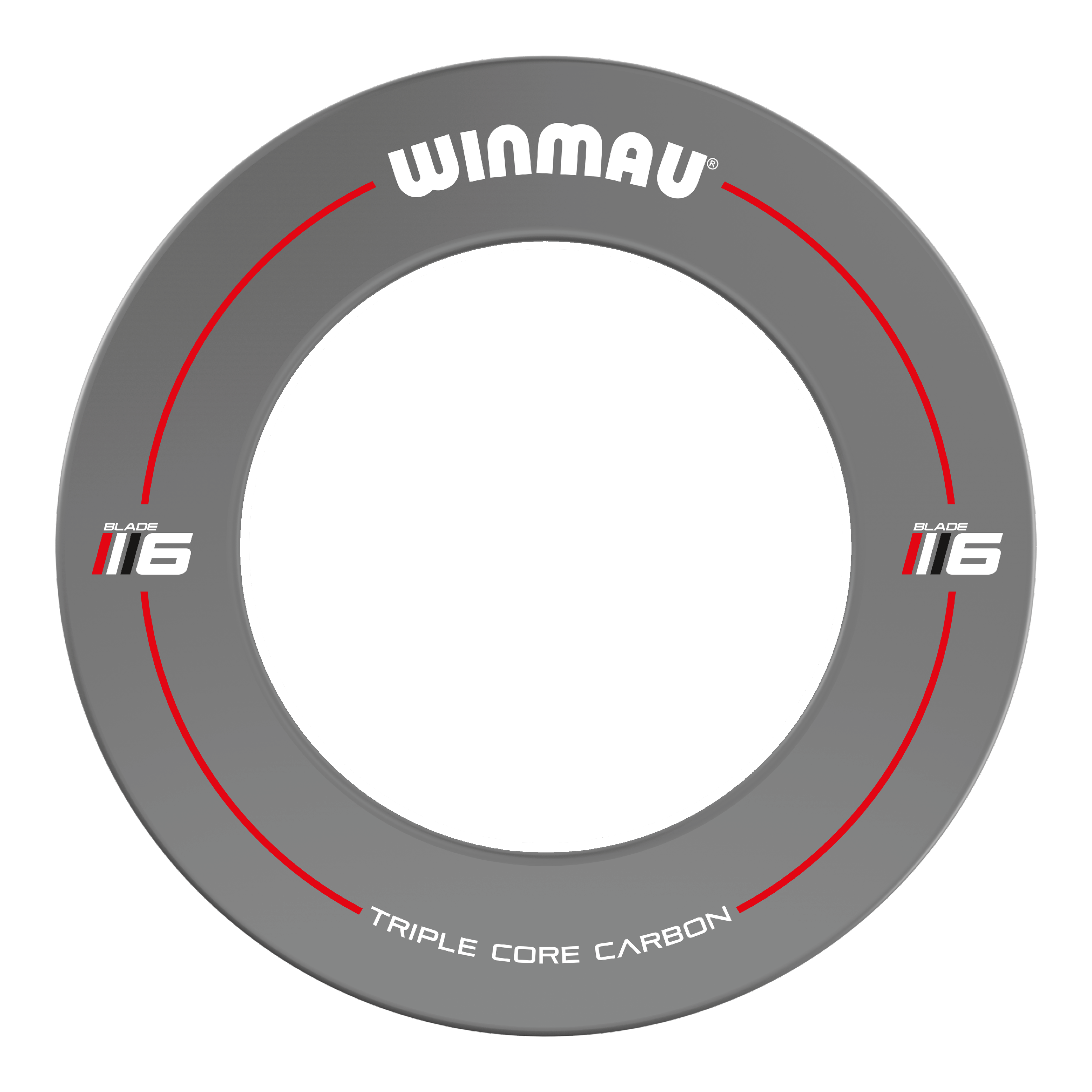 Winmau Blade 6 Design Dartboard Surround - Grau Das Bild zeigt einen grauen Dartboard-Surround der Marke Winmau mit der Aufschrift "Blade 6". Auf dem Surround stehen außerdem die Worte "Triple Core Carbon" und rote Linien sind als Designelemente eingearbeitet.