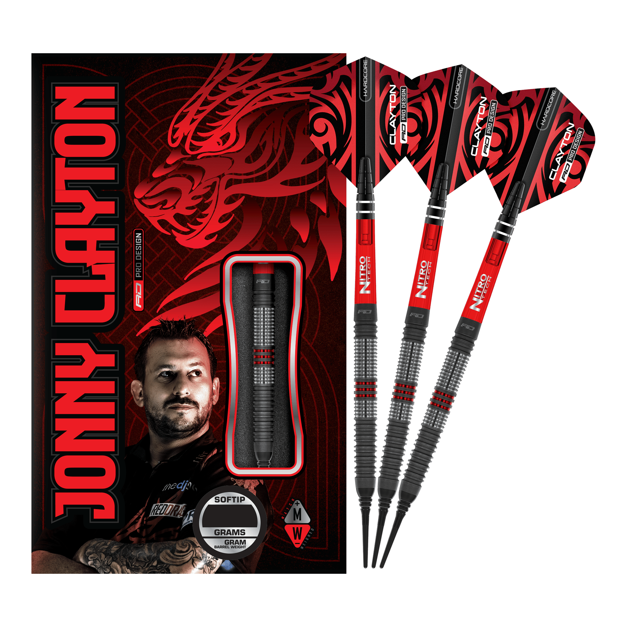 Red Dragon Jonny Clayton Hiraeth Soft Darts - 20g Das Bild zeigt das Produkt „Red Dragon Jonny Clayton Hiraeth Softdarts - 20g“ mit drei roten und schwarzen Softdarts neben der Verpackung. Auf der Verpackung ist ein Porträt von Jonny Clayton sowie ein roter Drachen zu sehen.