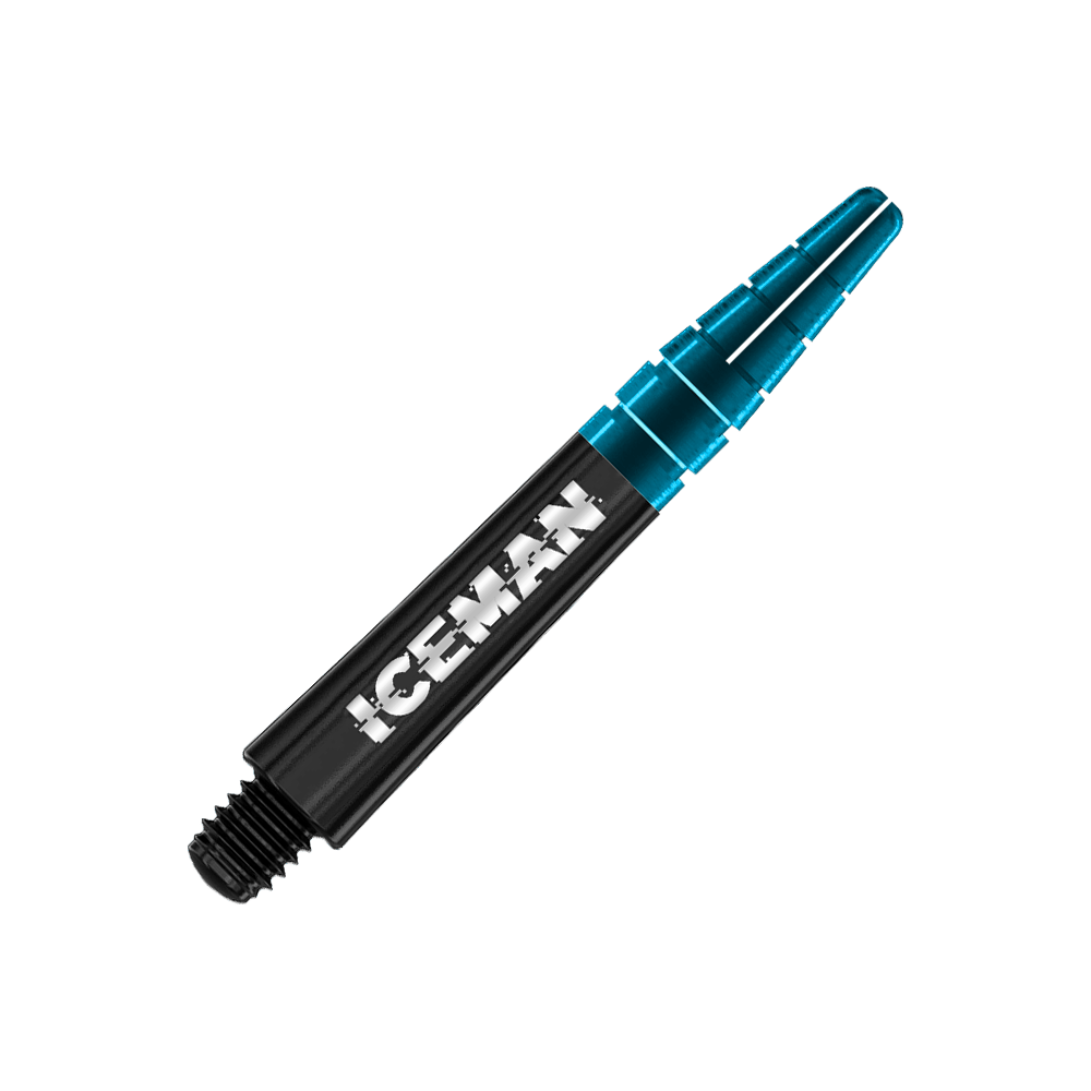 Das Bild zeigt den Red Dragon Nitrotech Gerwyn Price Black Shaft. Der Schaft ist schwarz mit der Aufschrift "ICEMAN" und hat ein blaues, durchsichtiges Ende.